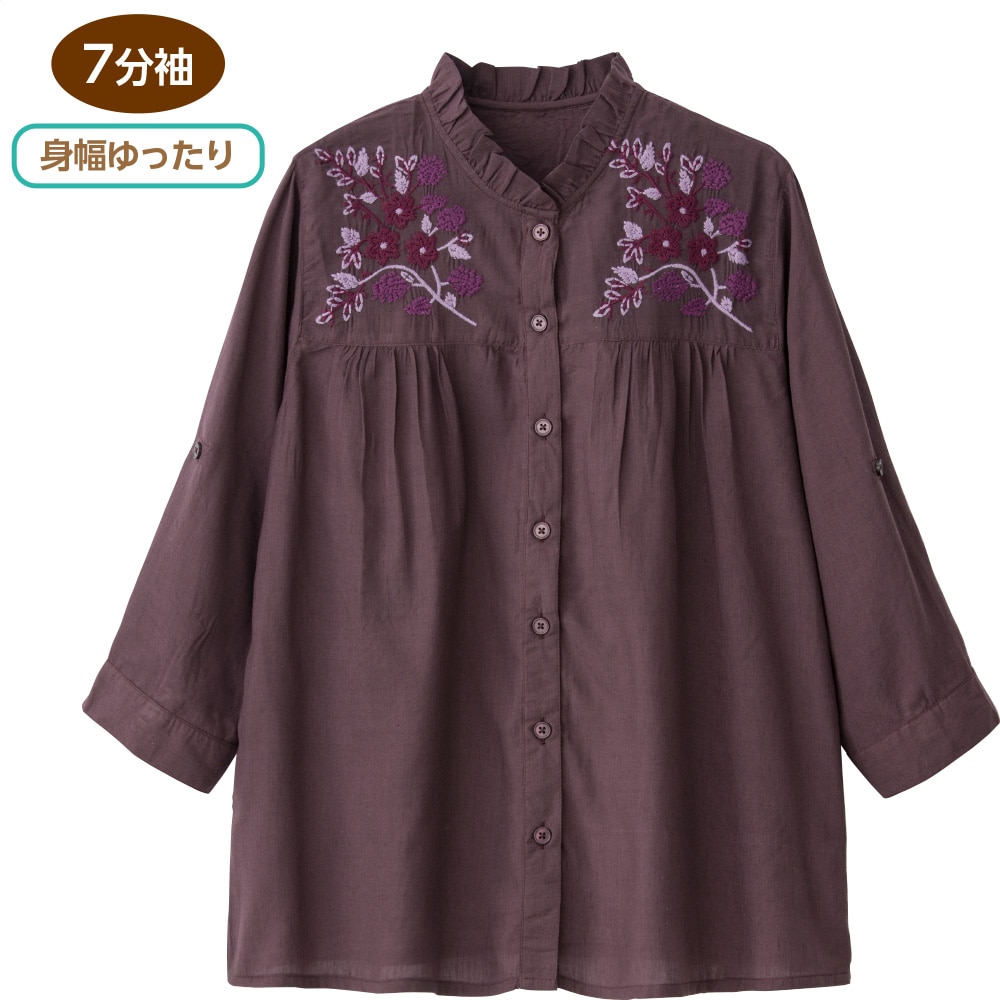 ケアファッションオンライン7分袖クラフト刺繍前開きブラウス(婦人)(M