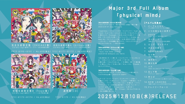 マカロニえんぴつ、メジャー・3rdフル・アルバム『physical mind』全曲