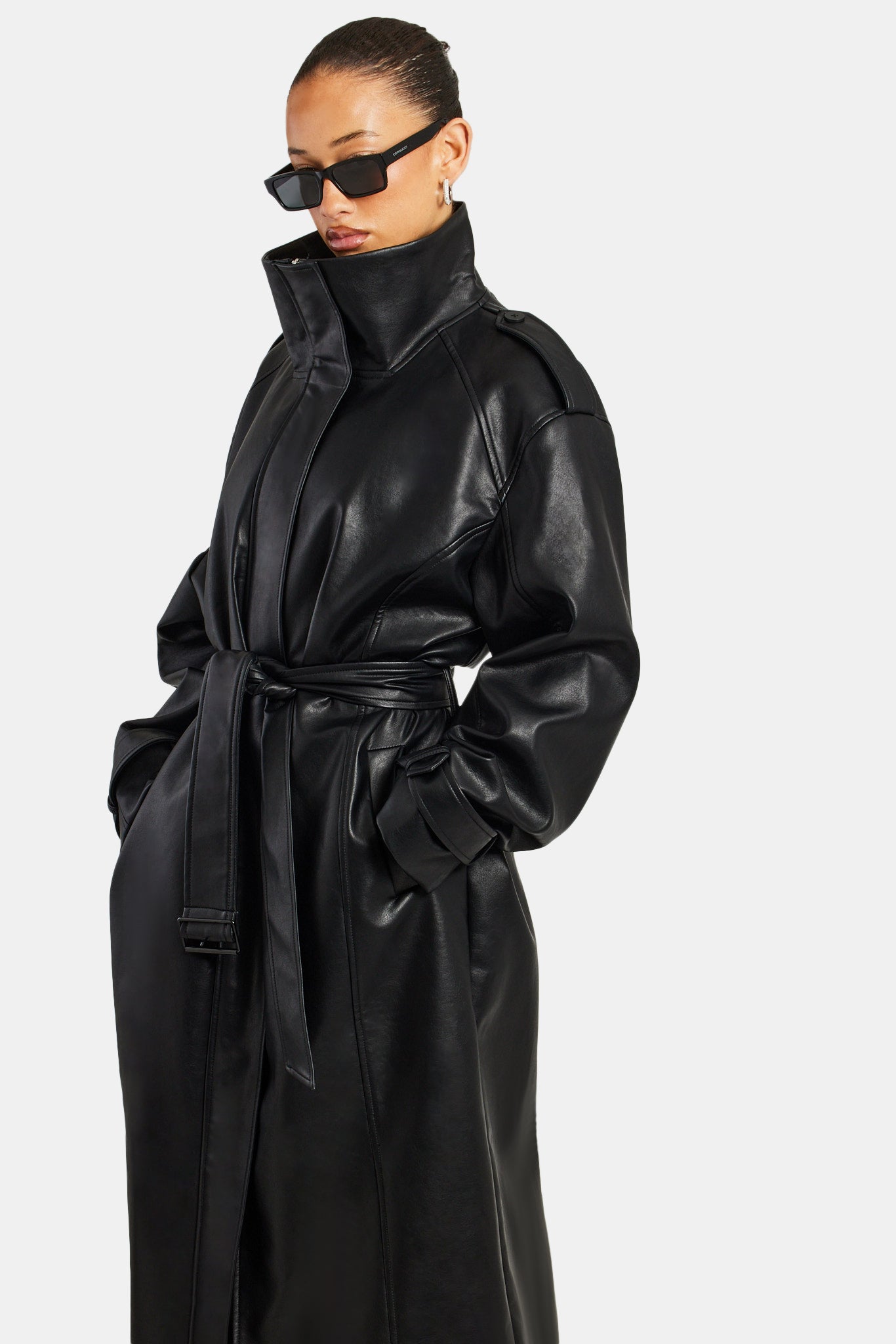 Ladies Faux Leather Trench Coat - Black | Womens Outerwear | Shop