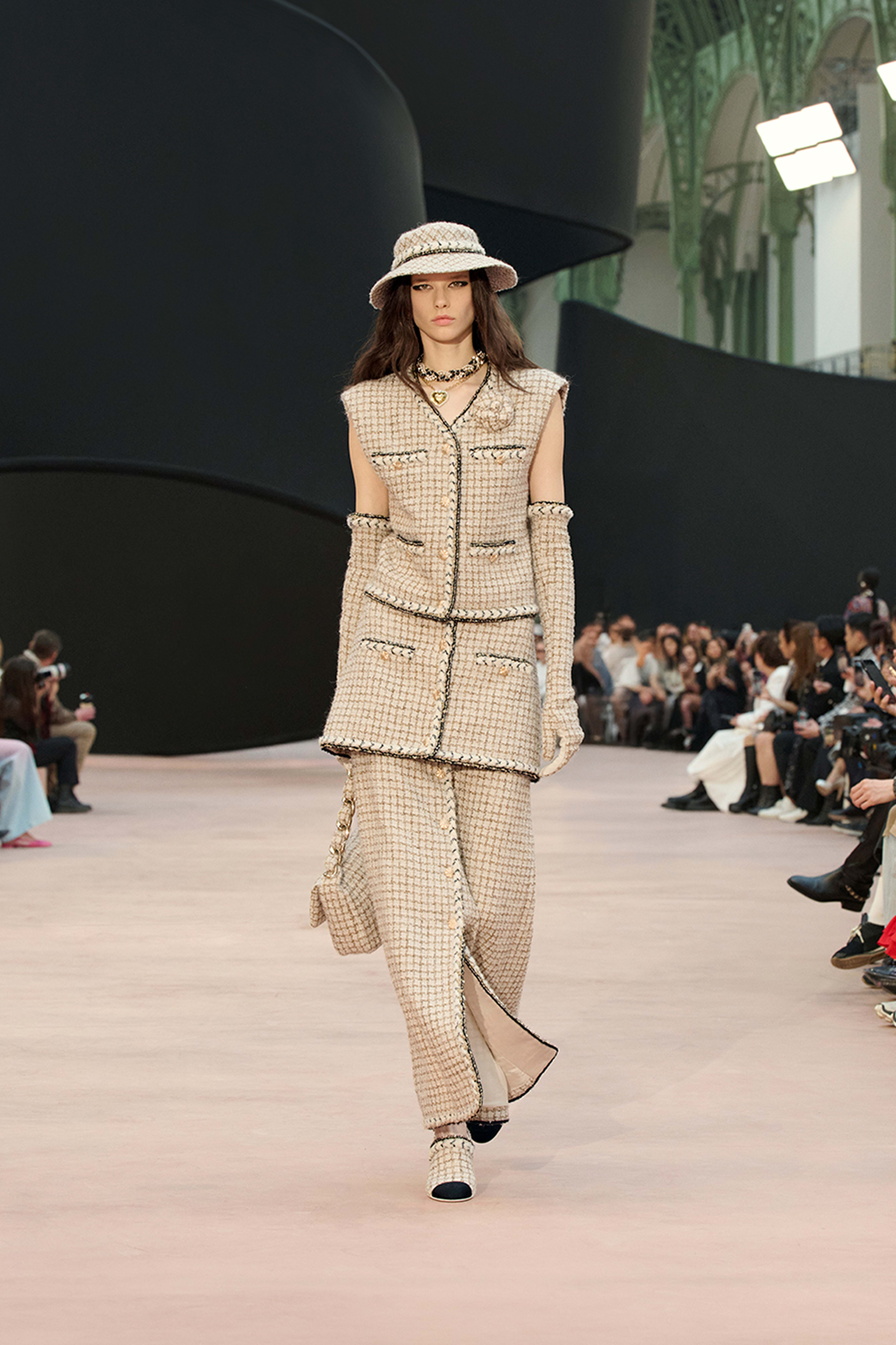 ベスト - ウール & モヘア ツイード、エクリュ、ベージュ、ゴールド