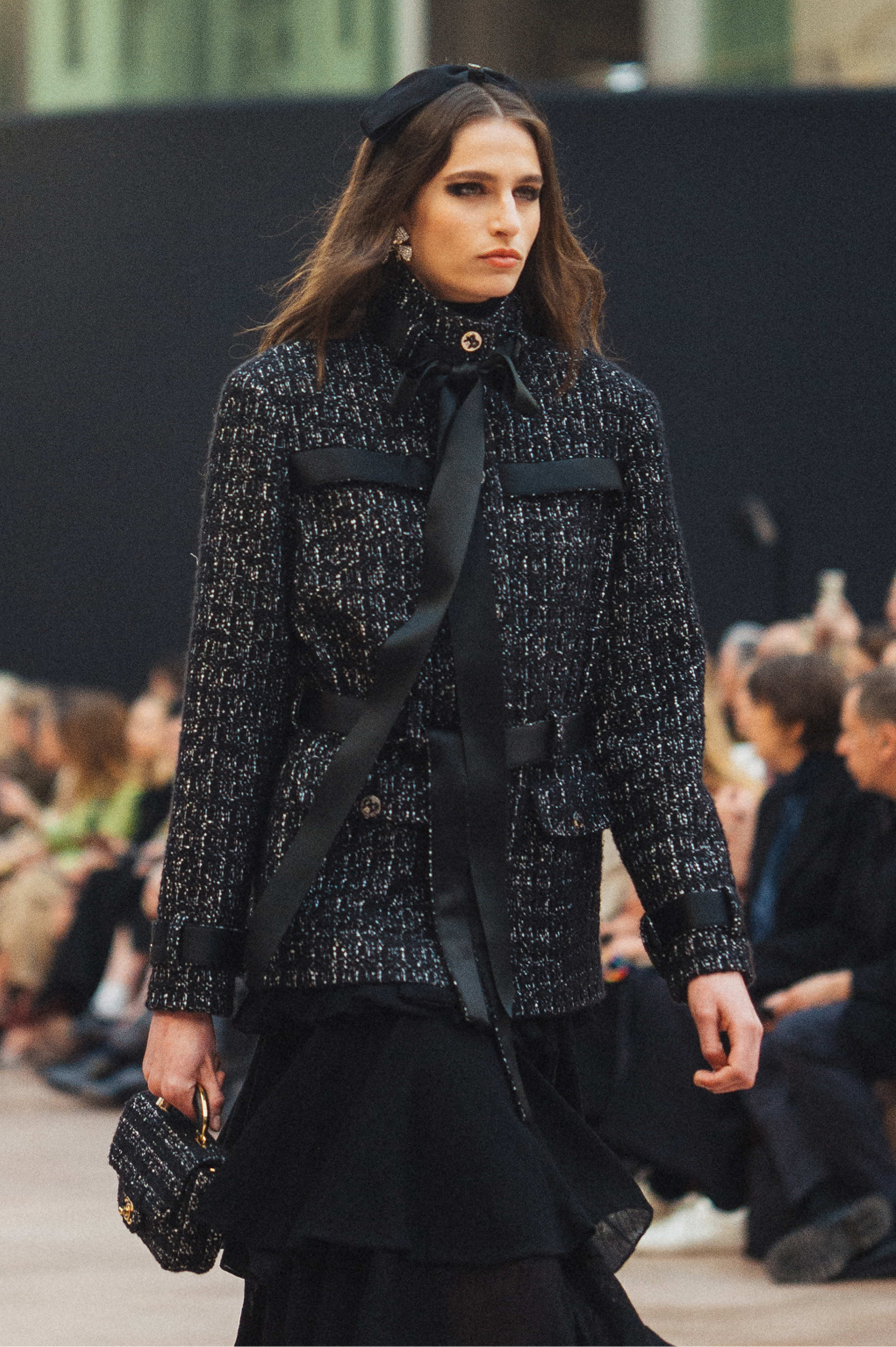 ベルテッドジャケット - カシミヤ ツイード、ブラック & ホワイト