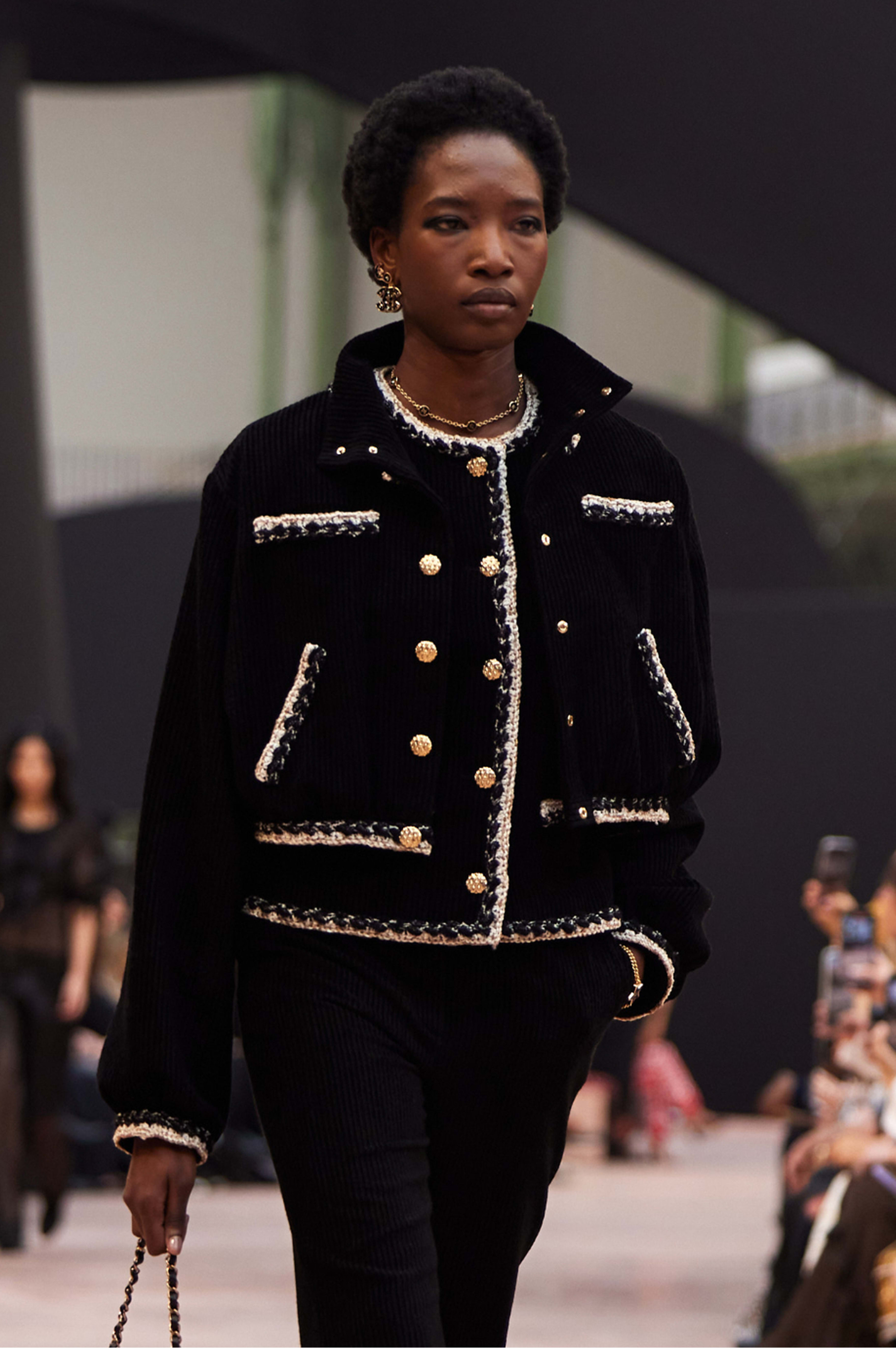 Jacket - Corduroy, black, gold & white — Fashion | CHANEL