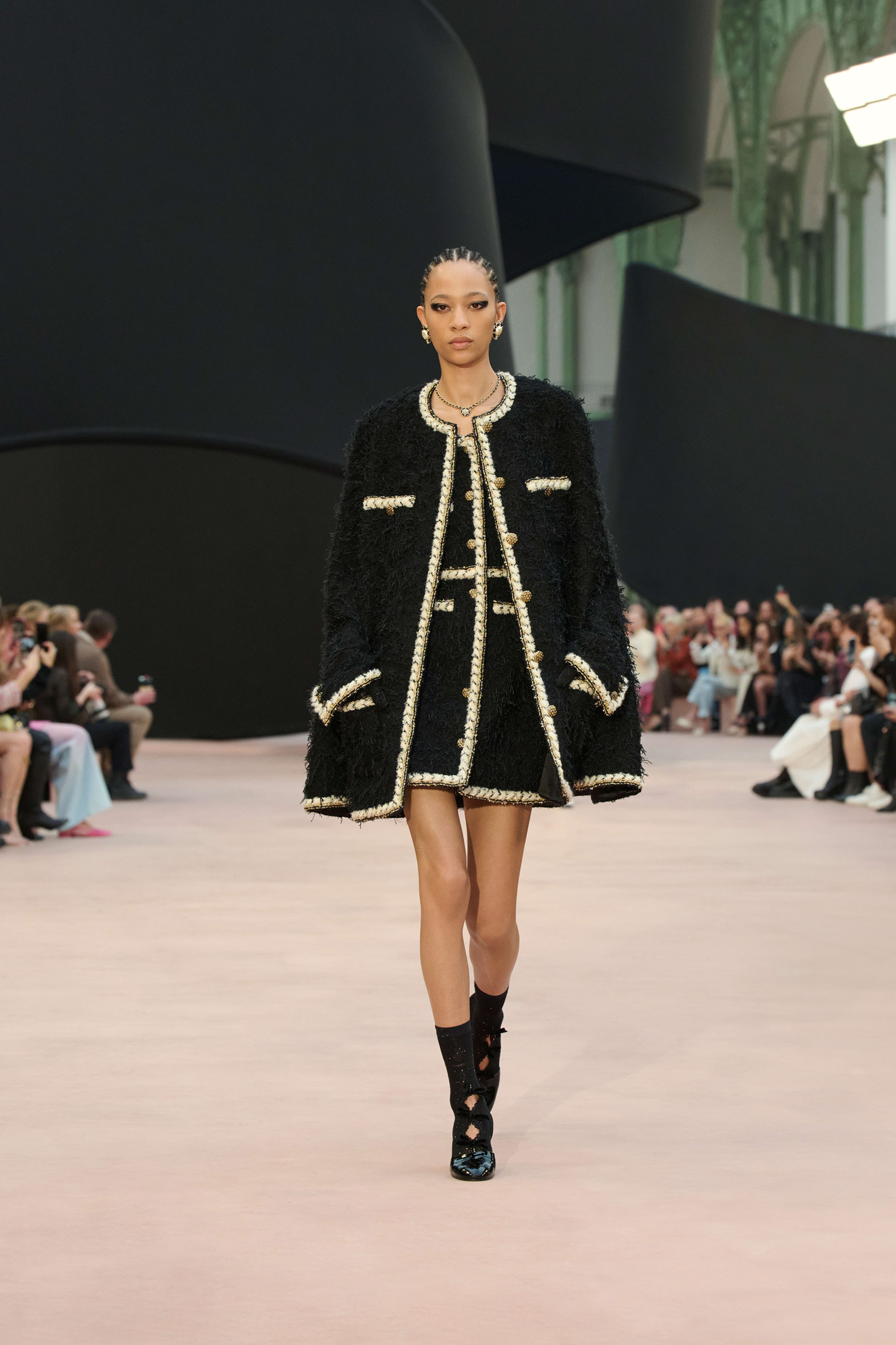 ショート ドレス - ウール ツイード、ブラック & エクリュ