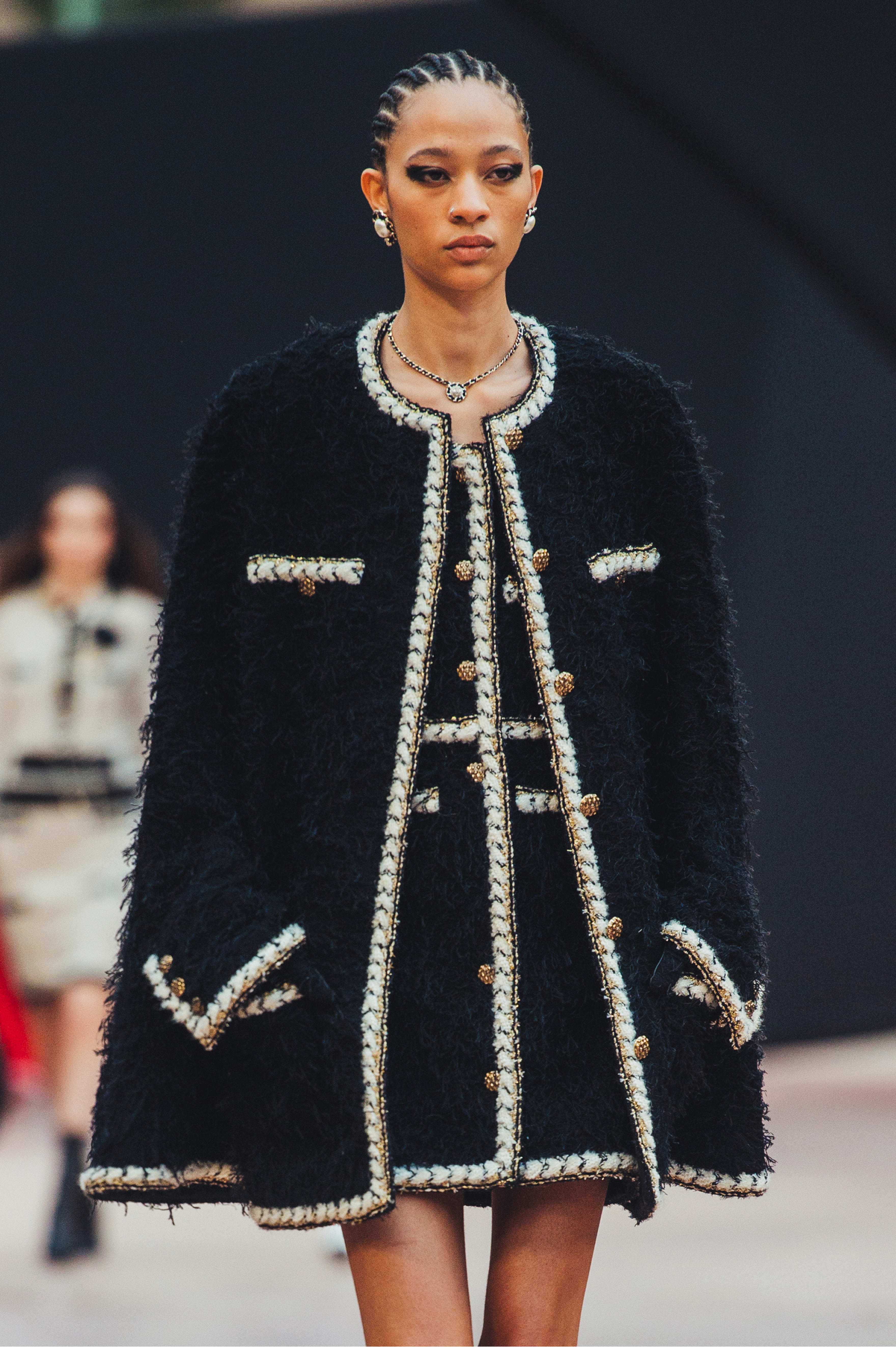 ショート ドレス - ウール ツイード、ブラック & エクリュ