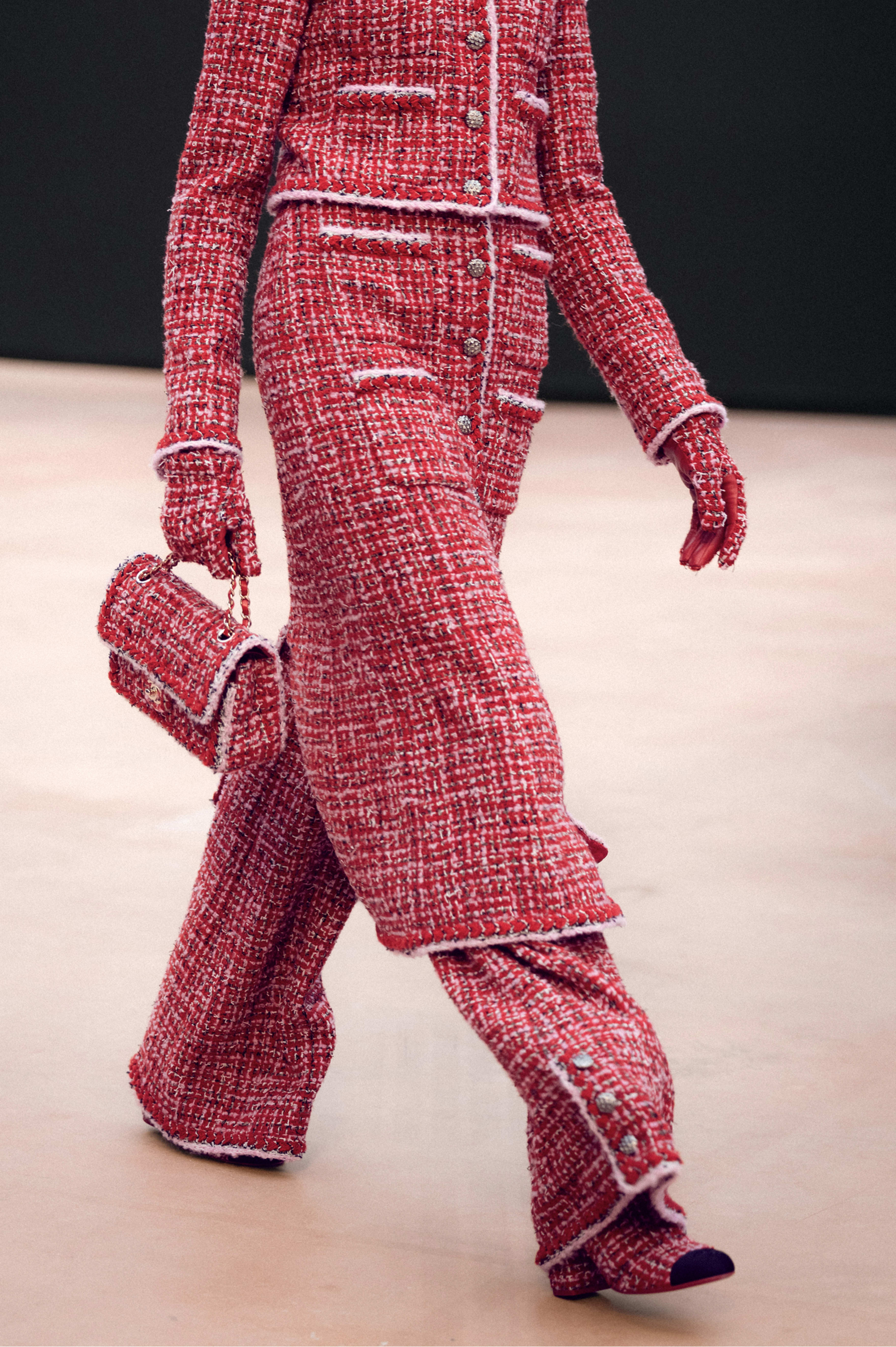 ミディ スカート - ツイード、レッド、ピンク & ブラック