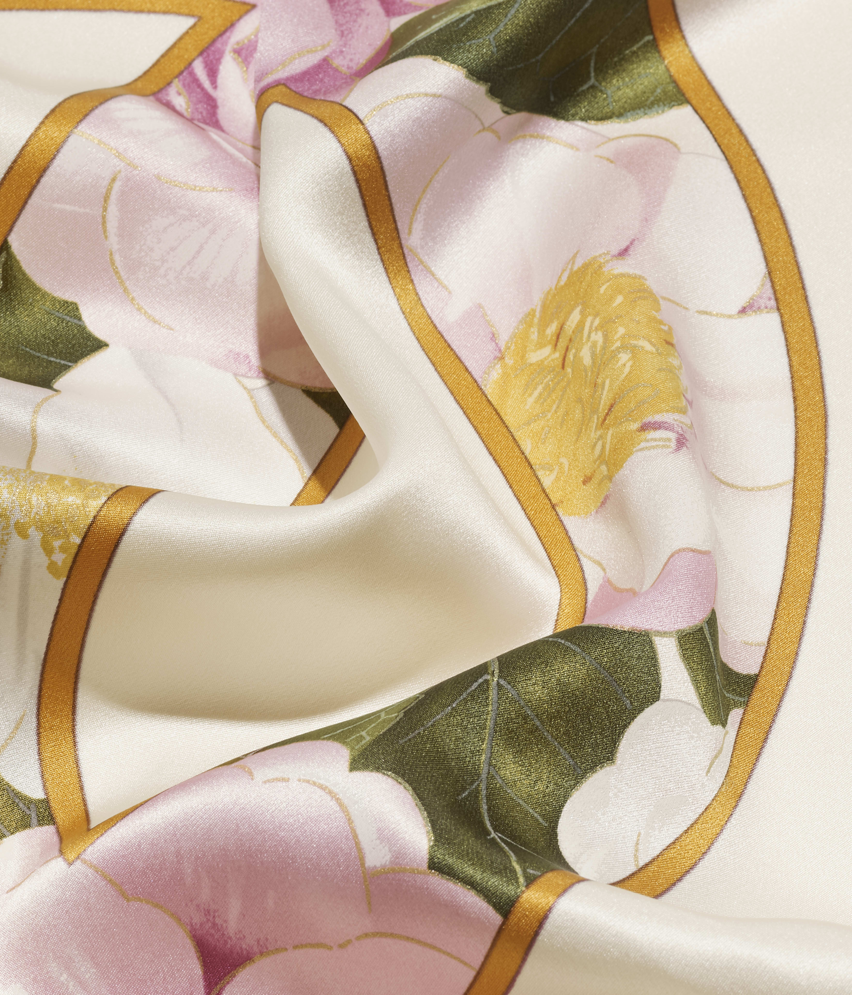 スカーフ - シルク サテン、ライトベージュ、ゴールド & マルチカラー