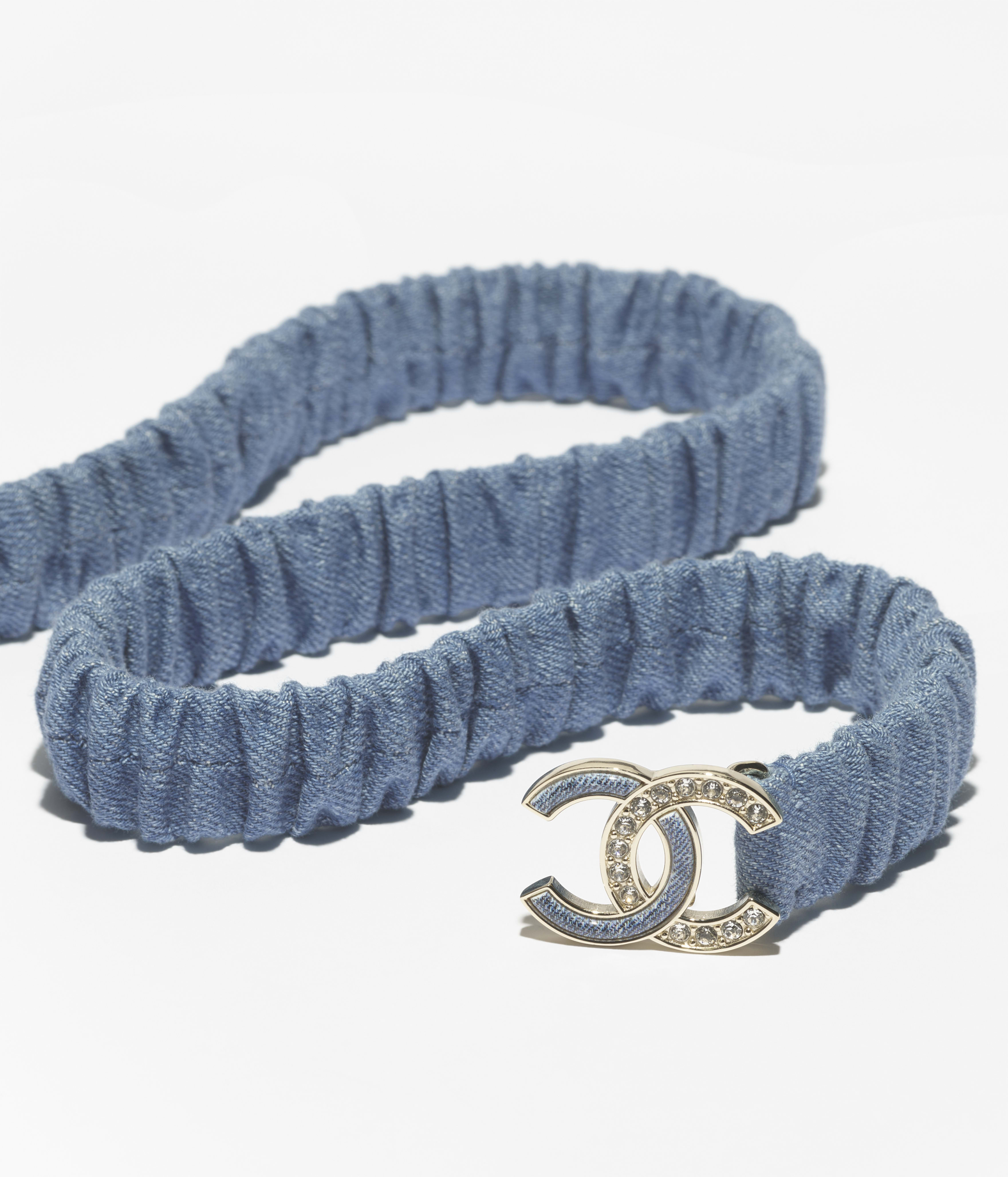 Denim belt - Denim, metal, resin & strass, blue, golden & crystal