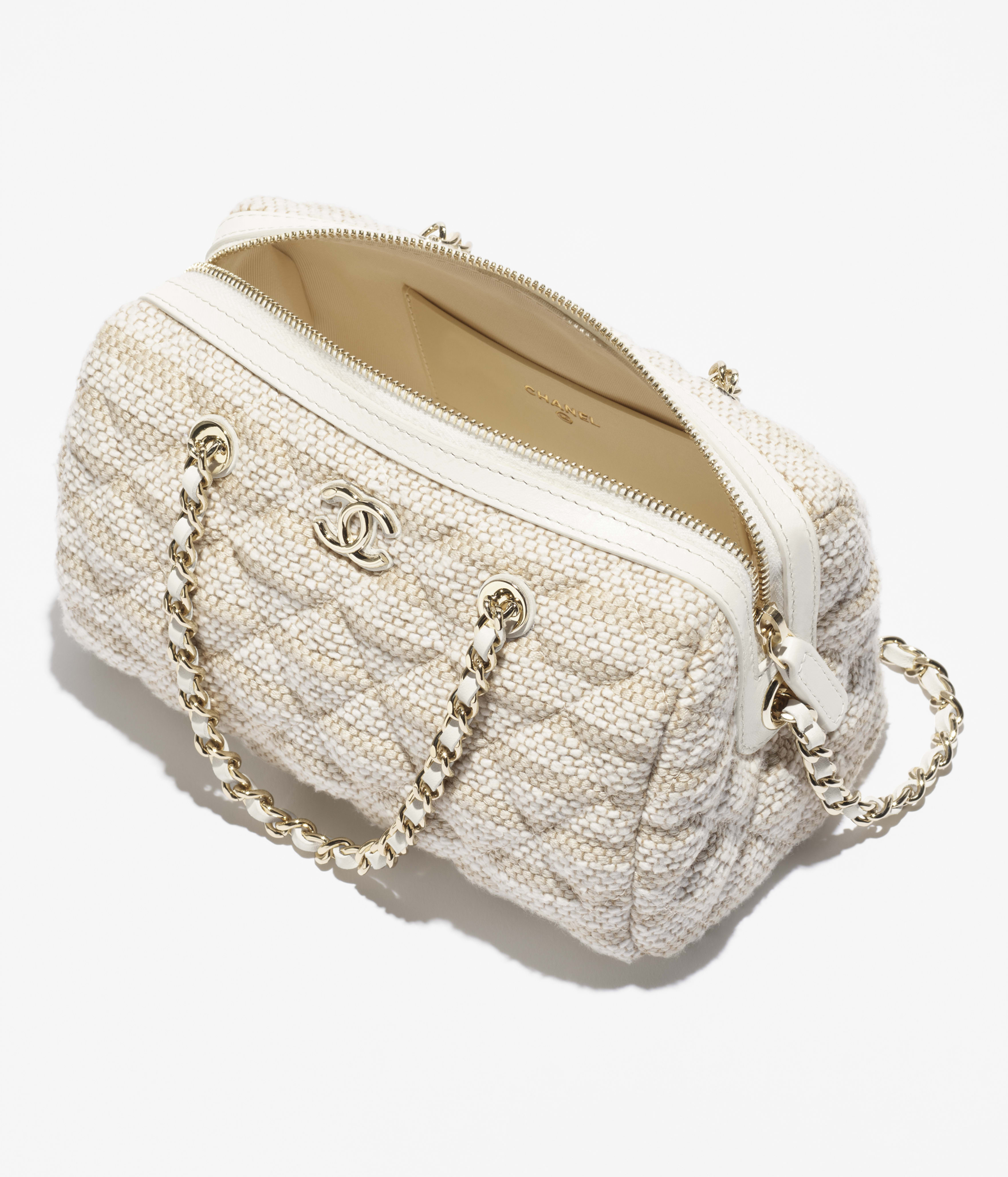 チェーン クラッチ バッグ - プリント ファブリック、ベージュ