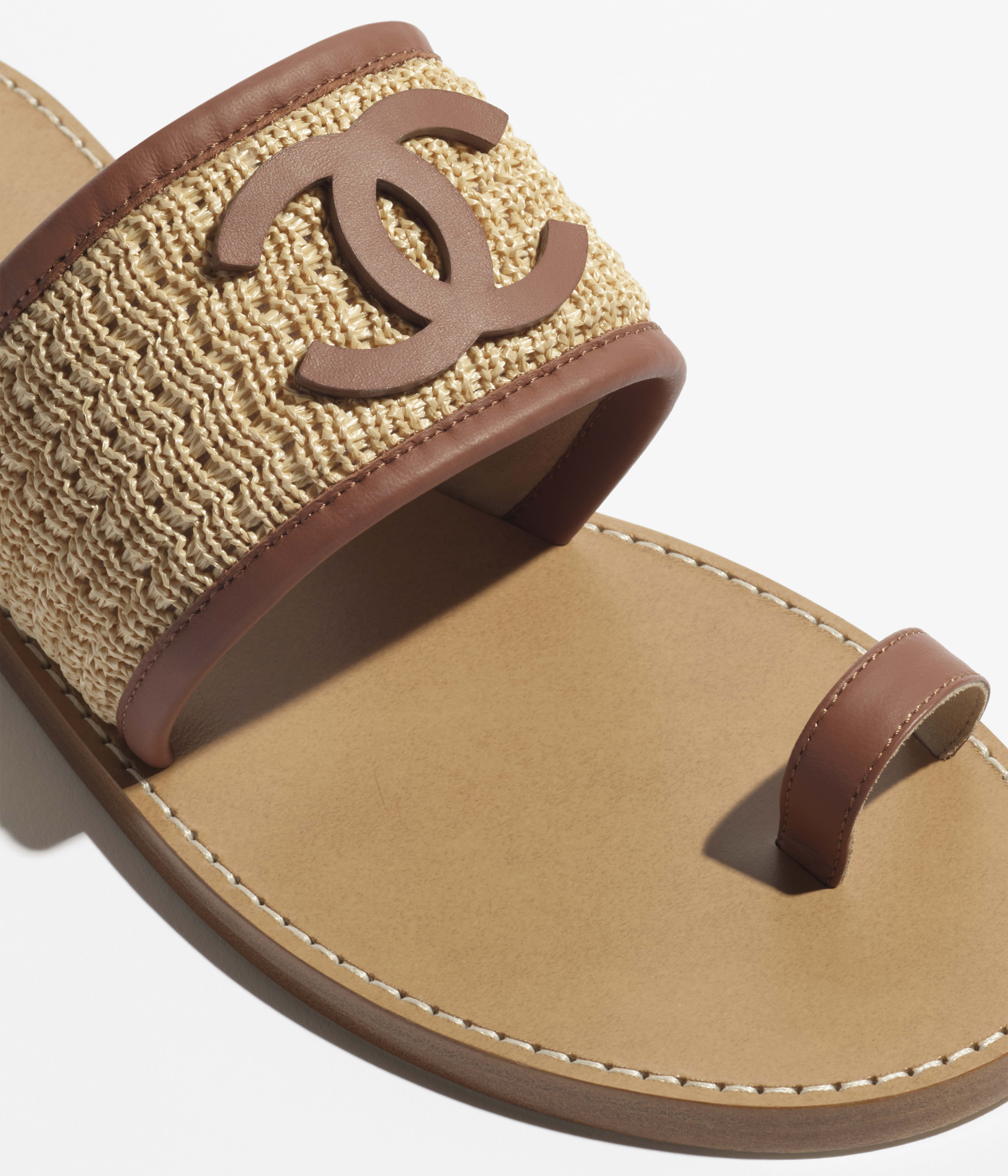 ミュール - ラフィア & ラムスキン、ベージュ & ブラウン