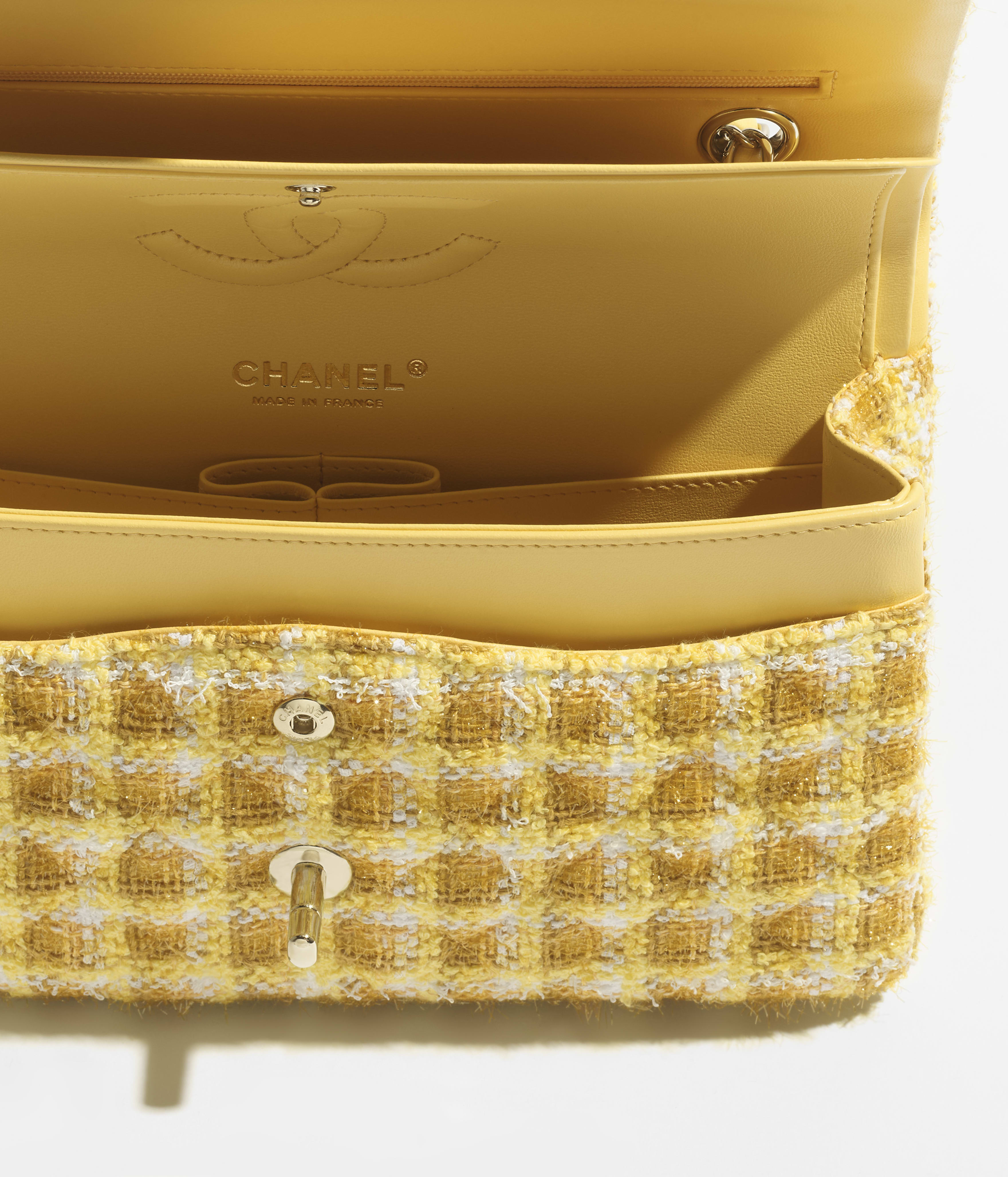 Classic 11.12 handbag, Cotton tweed & gold-tone metal, yellow
