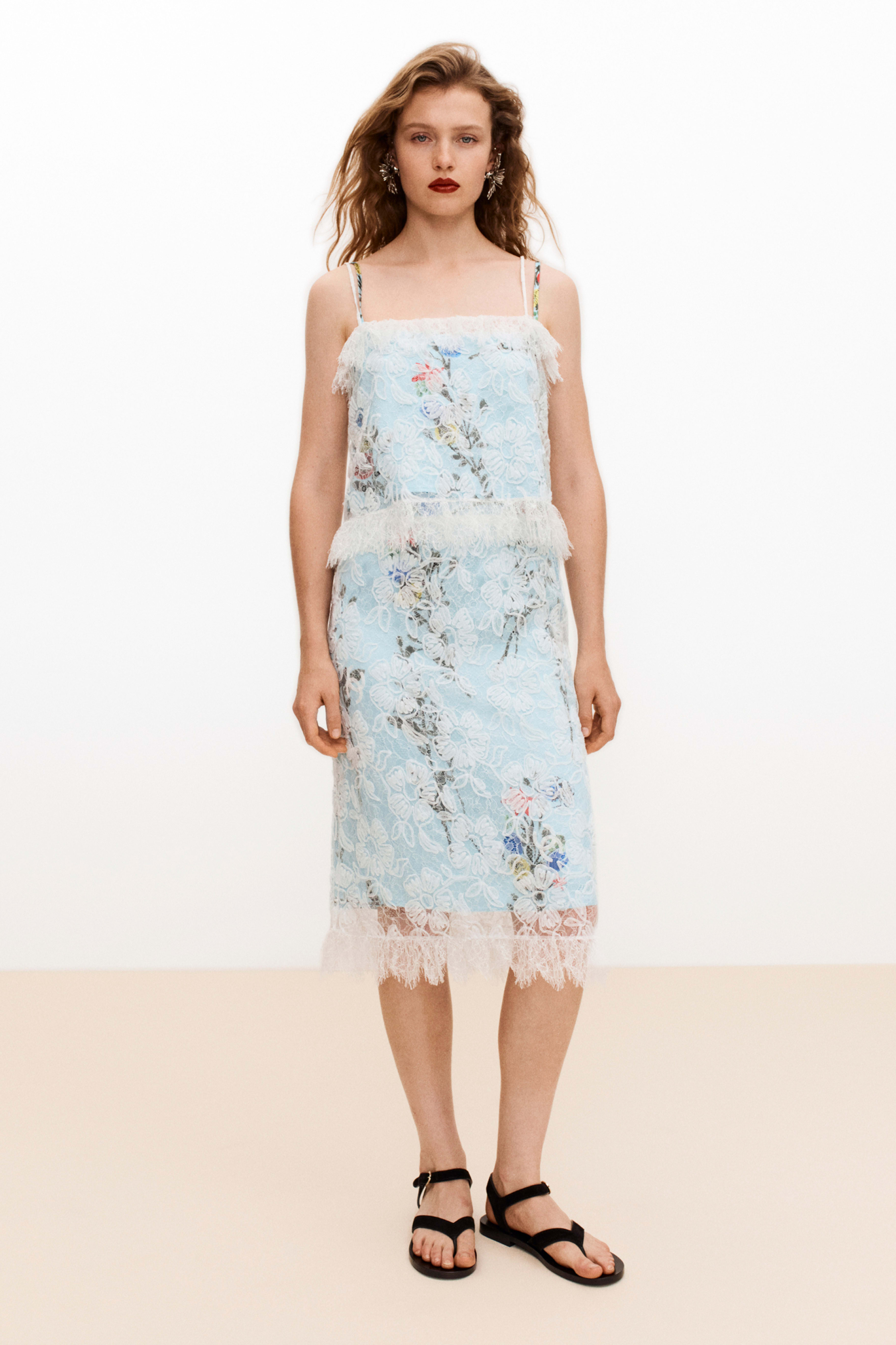 ミディ スカート - プリント シルク サテン、ブルー、グリーン