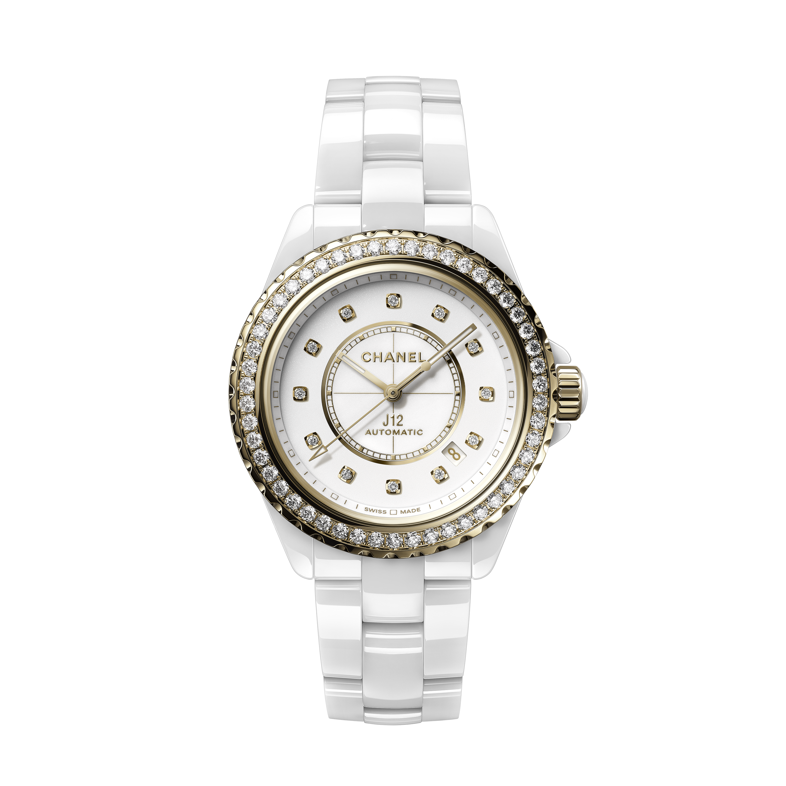 J12 Diamond Bezel Watch Caliber 12.1, 38 MM - White ceramic | CHANEL