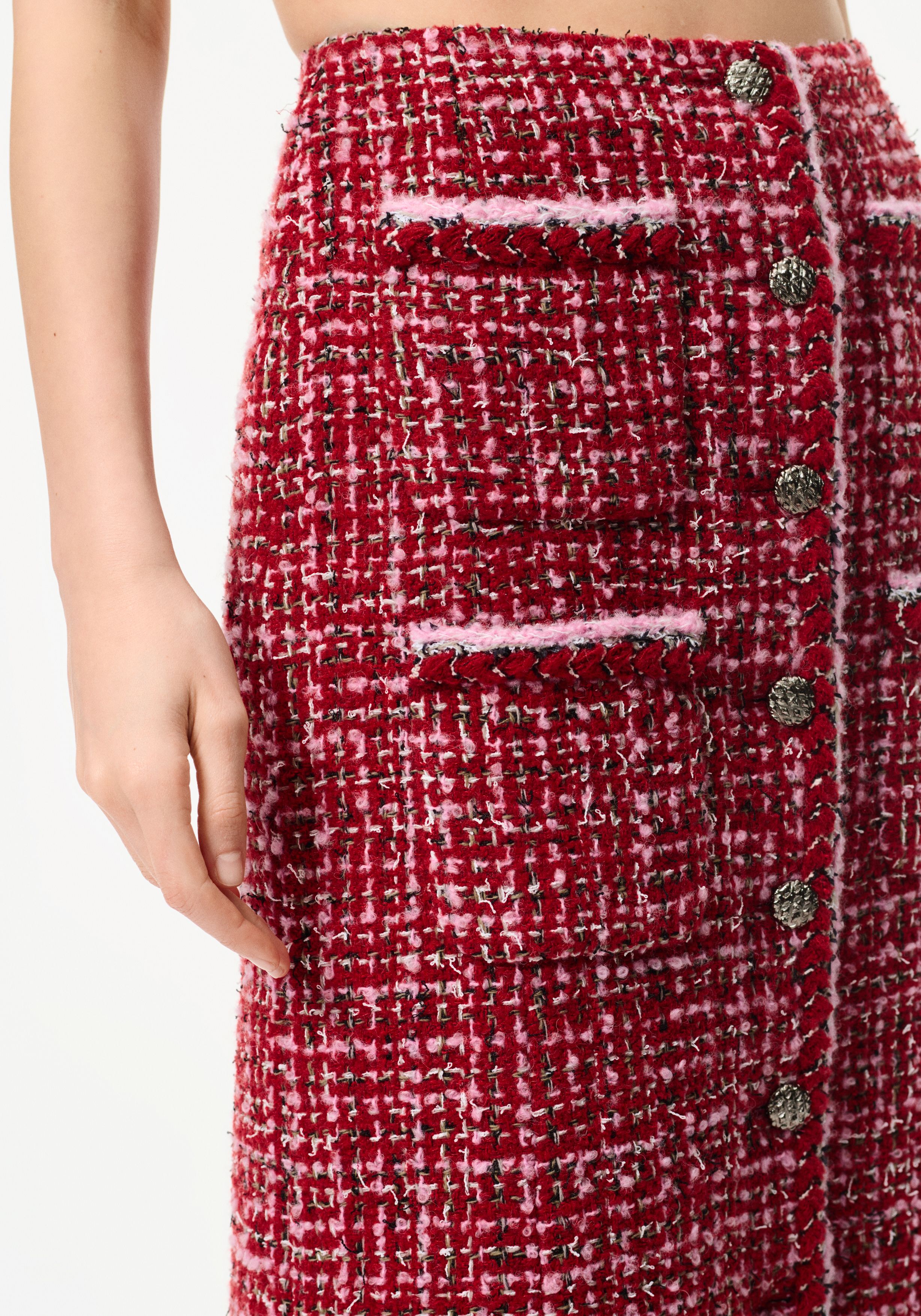ミディ スカート - ツイード、レッド、ピンク & ブラック