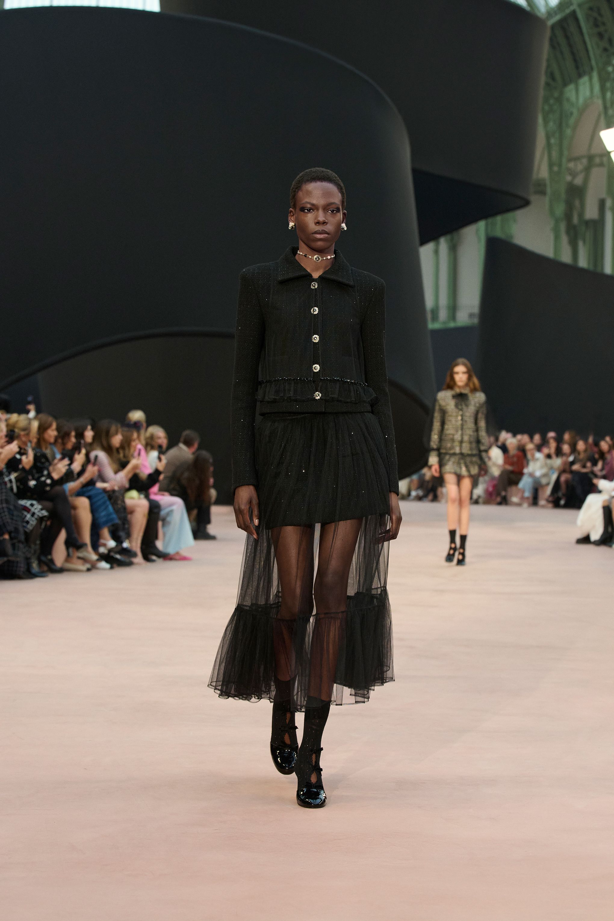 Long-sleeved top - Tulle embroidered with strass, black — Fashion