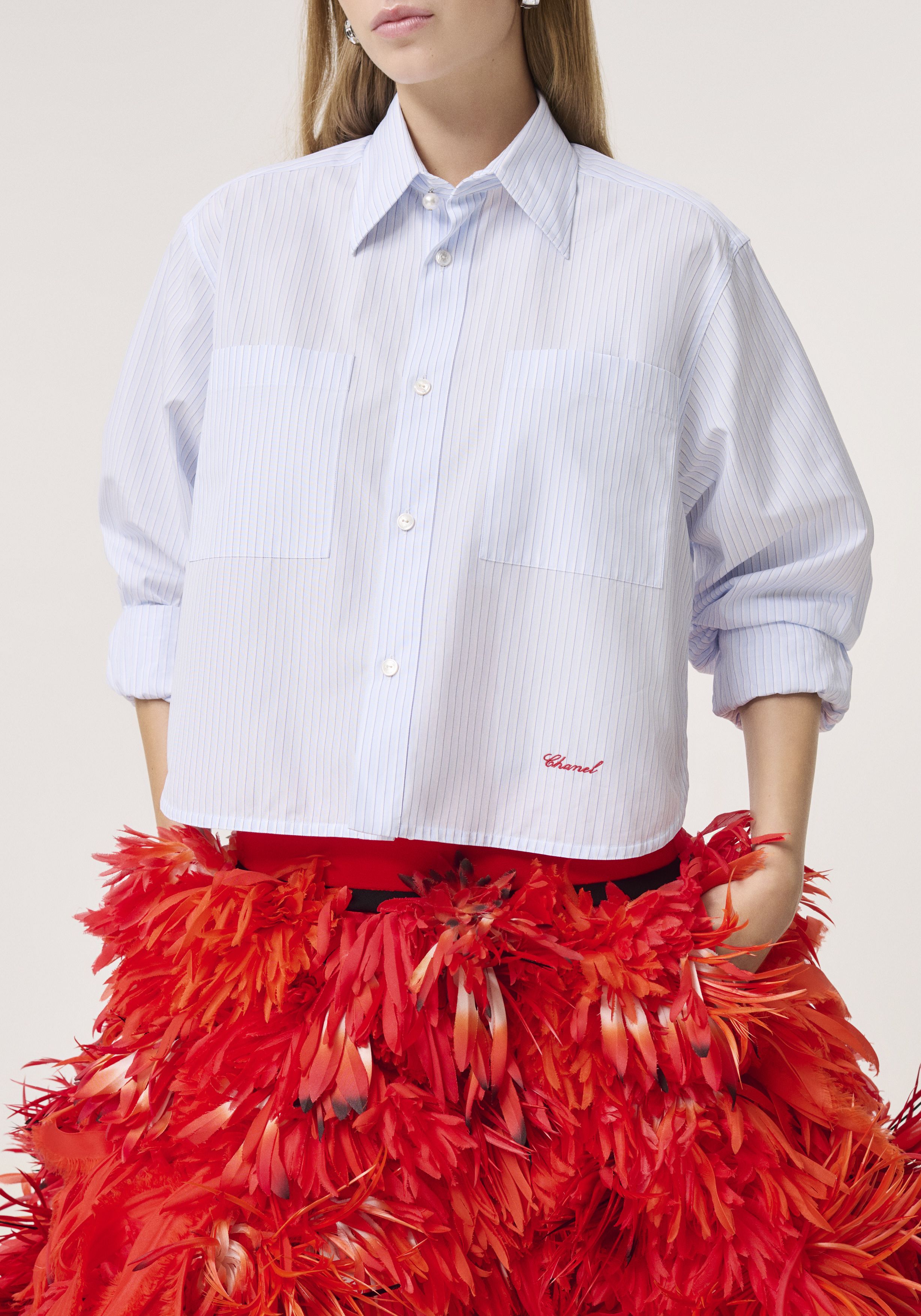 ロングスリーブ シャツ - コットン ポプリン、ブルー & ホワイト