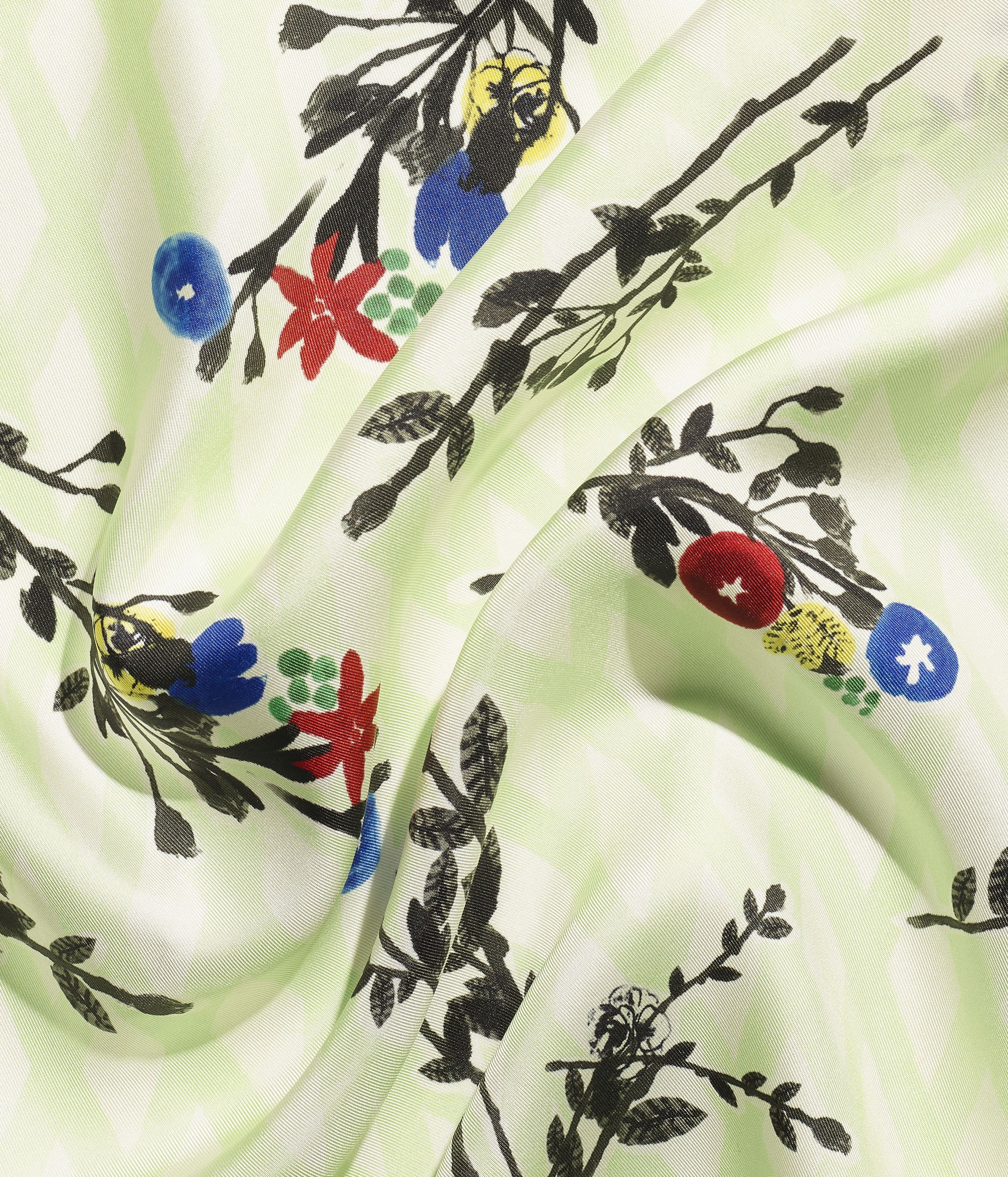 スカーフ - シルク ツイル、グリーン、エクリュ、ブルー & レッド