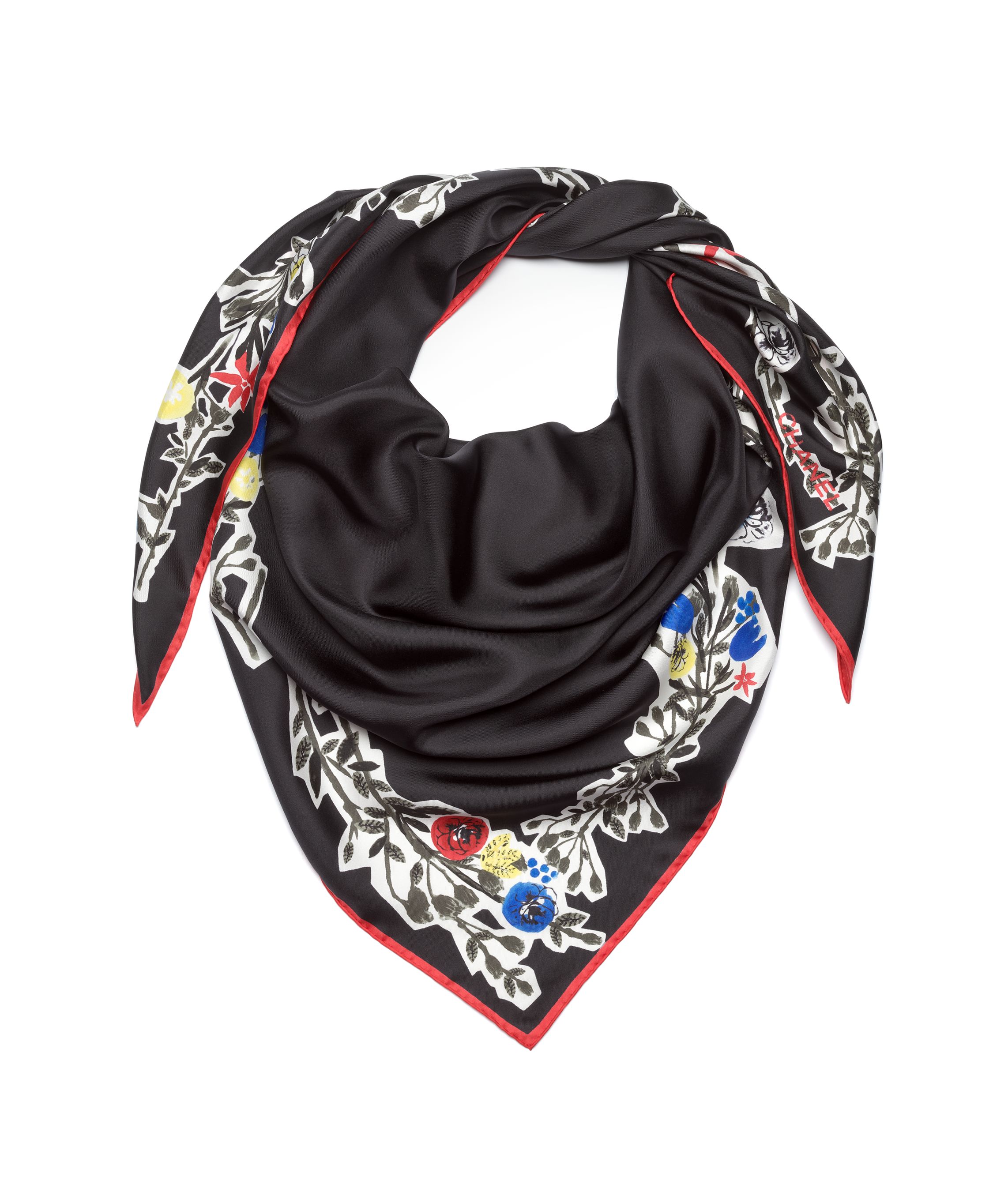 スカーフ - シルク ツイル、ブラック、ブルー、イエロー & レッド