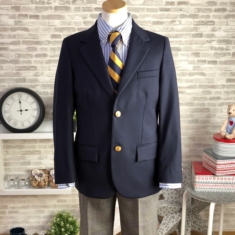 ラルフローレン 黄色と紺のレジメンタル柄ネクタイの紺ブレザースーツ