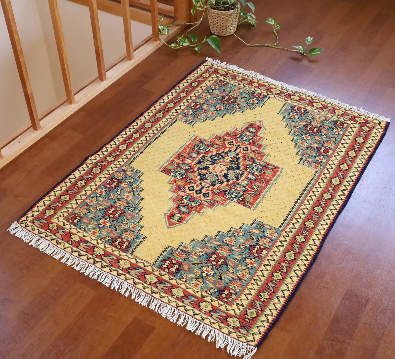 キリム玄関マット 黄色 108×82cm イラン・セネ（サナンダジ）産