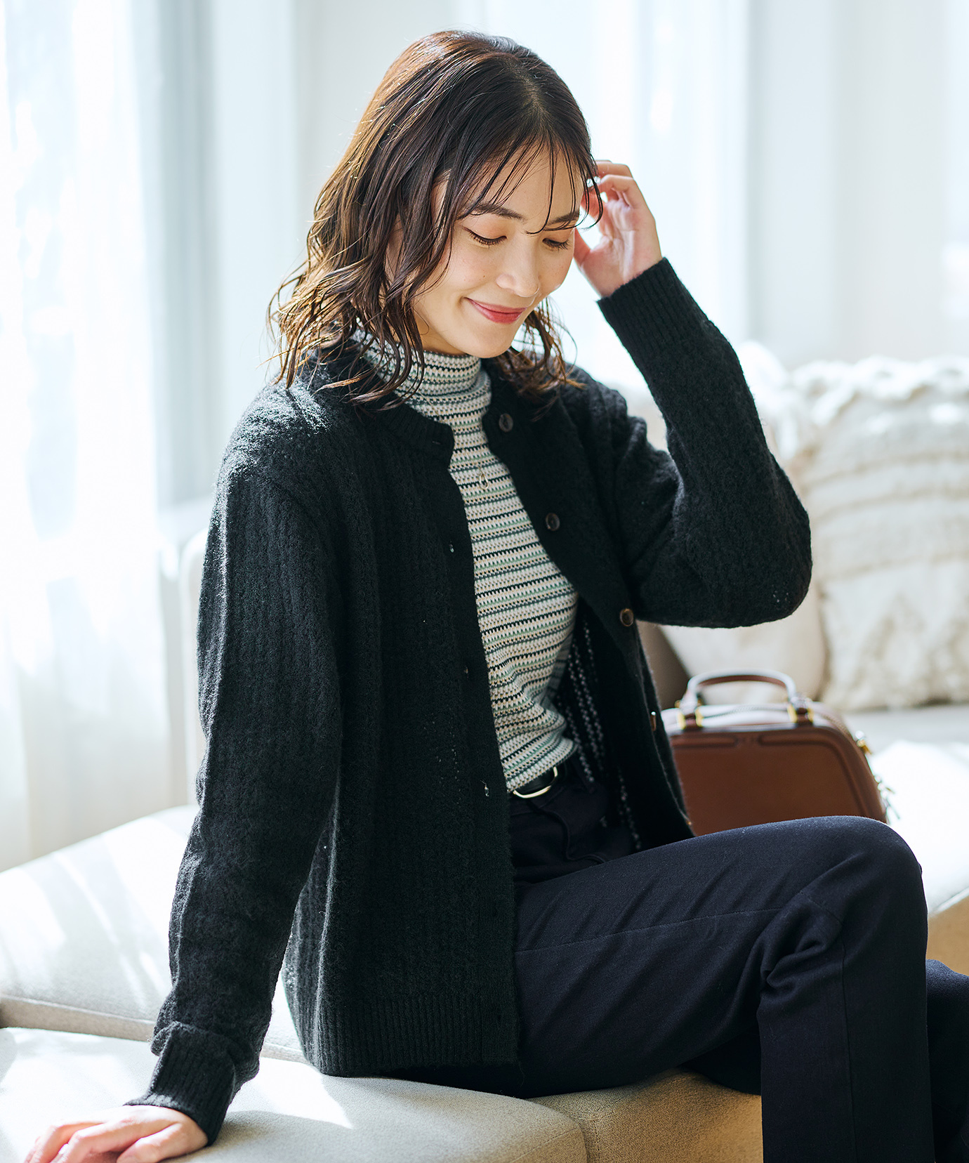 レディース ウールブレンド ケーブル ニットカーディガン【手洗いOK