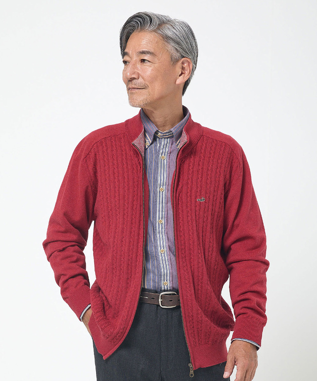 メンズ ケーブル柄 フルジップ カーディガン通販 [1603-55301