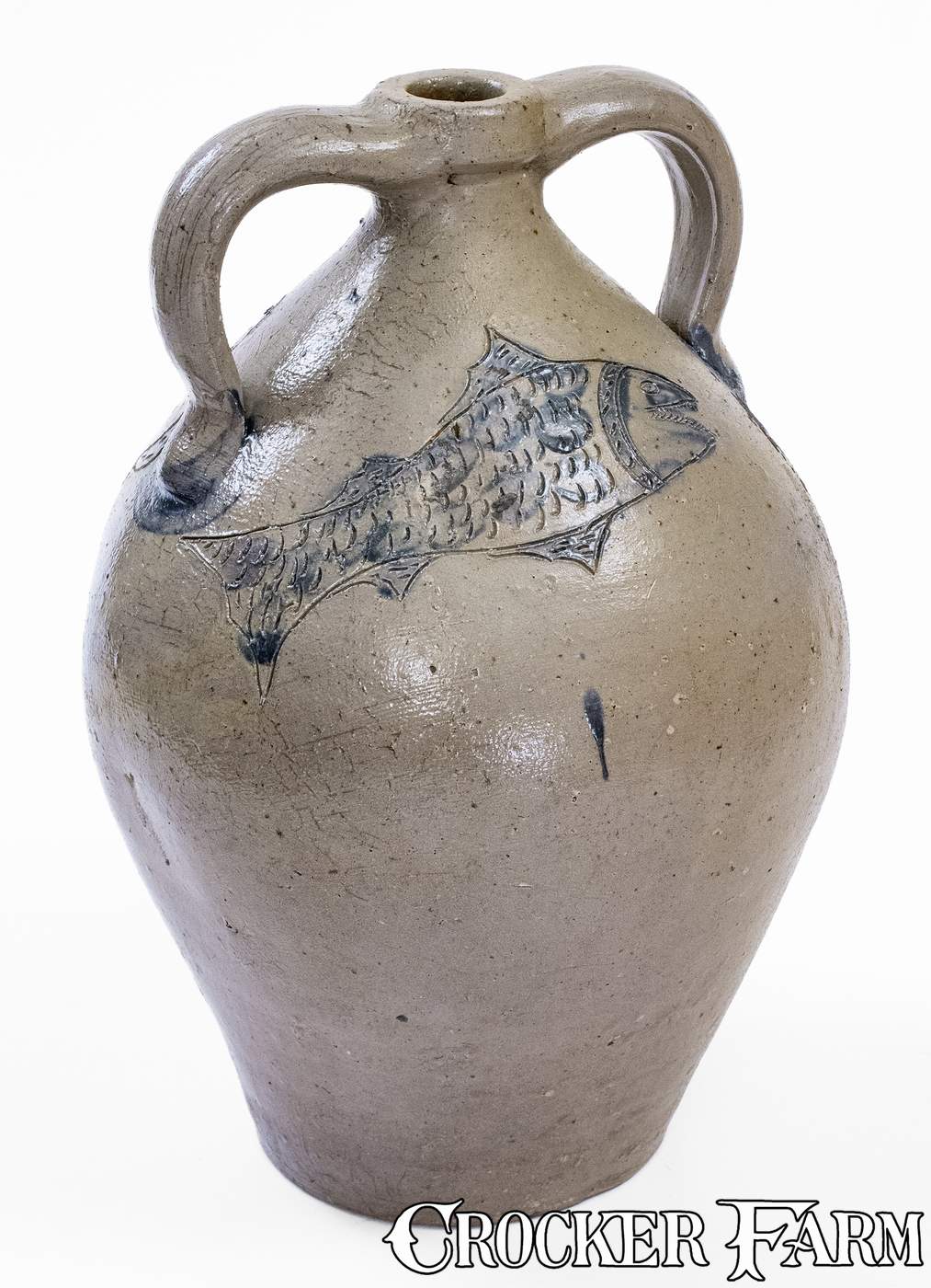 Exceptional Double-Handled Ohio Stoneware Jug w/ Incised Fish and