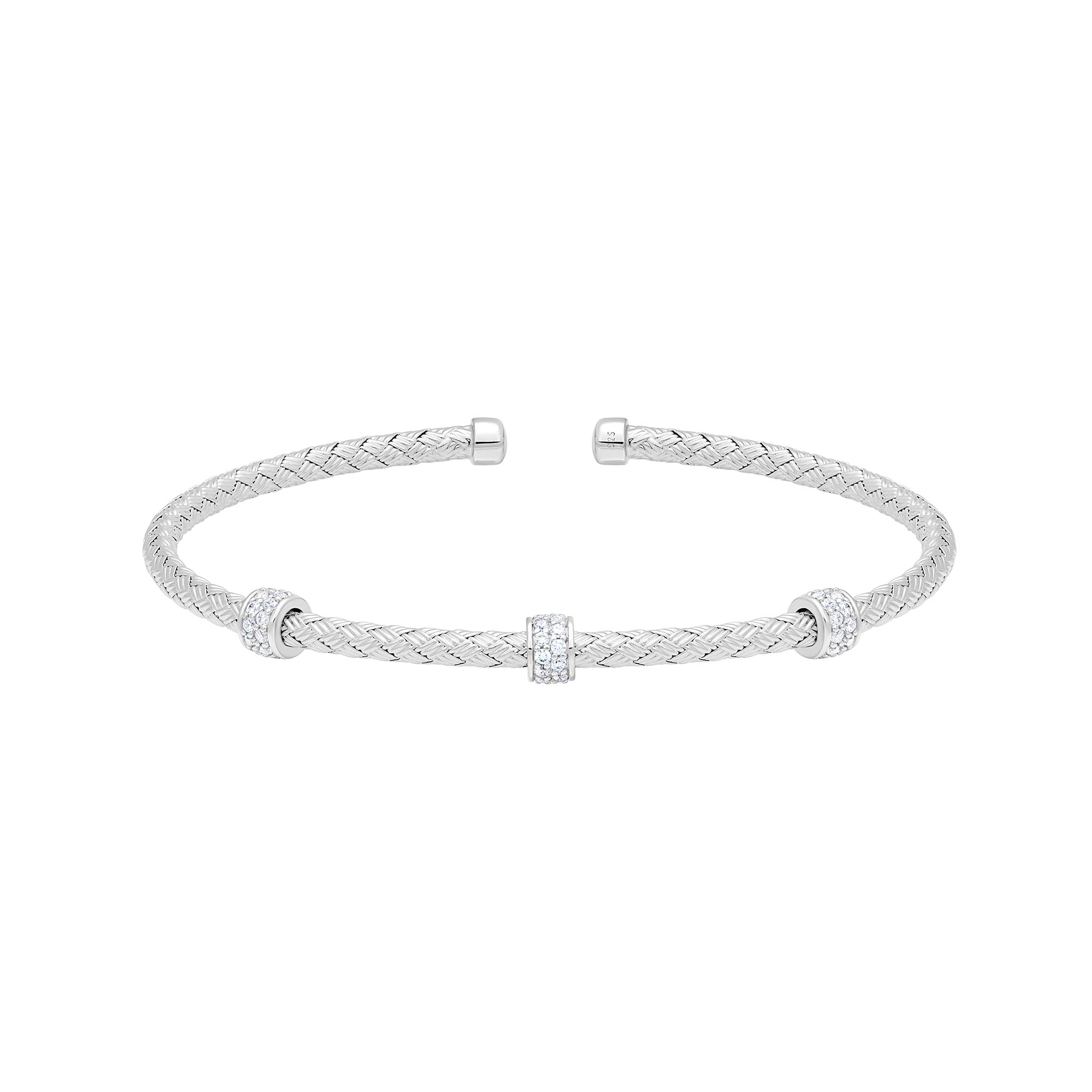 CZ Rhodium-Plated Sterling Silver 3mm Mesh Cuff Bangle