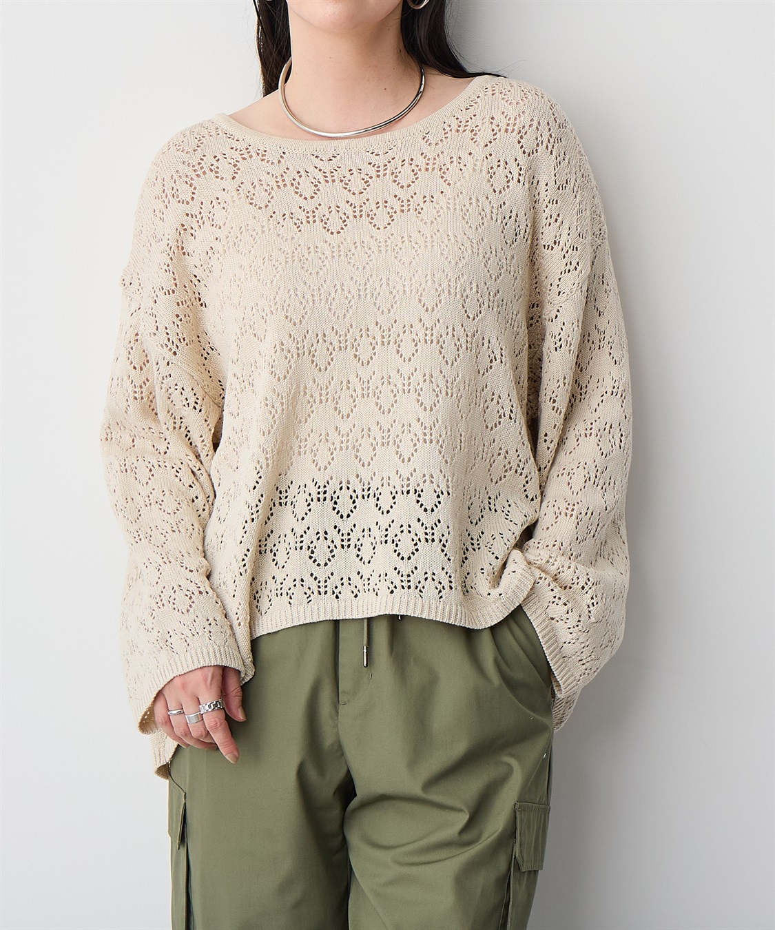 anyfee/プラスサイズ】透かし編みニットプルオーバー anyfee｜クロス