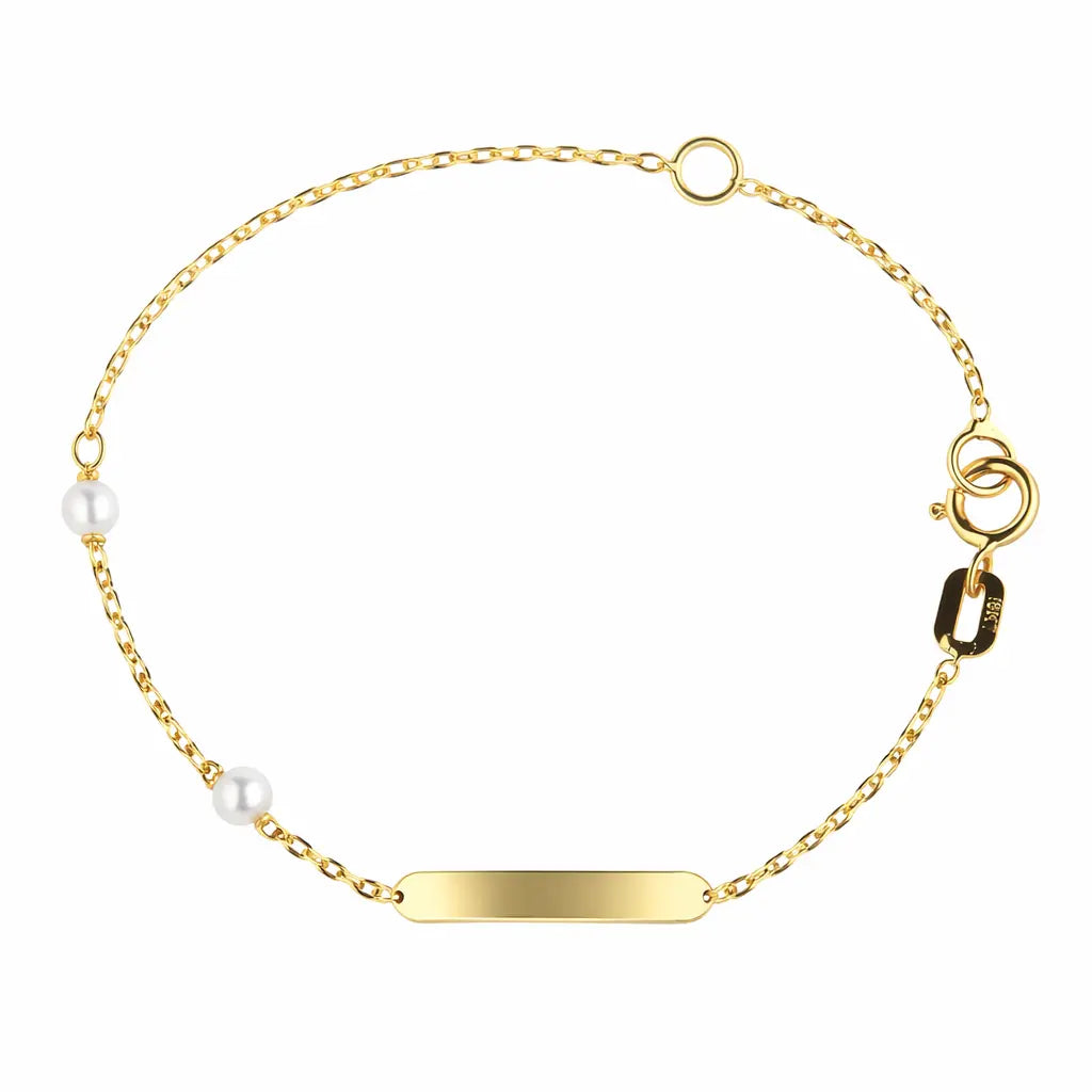 18K ソリッドイエローゴールド 二つの養殖真珠 ID ブレスレット