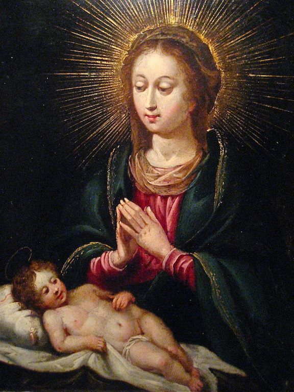 17世紀銅板油彩画「幼子イエスを礼拝する聖母」