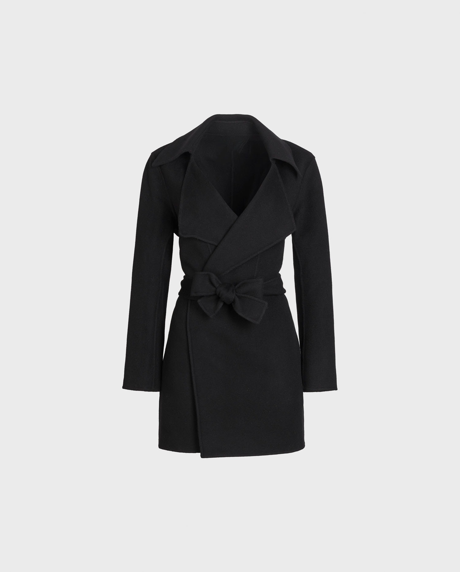 DELACROIX Black Belted Wool Blend Coat With Large Notched Lapel