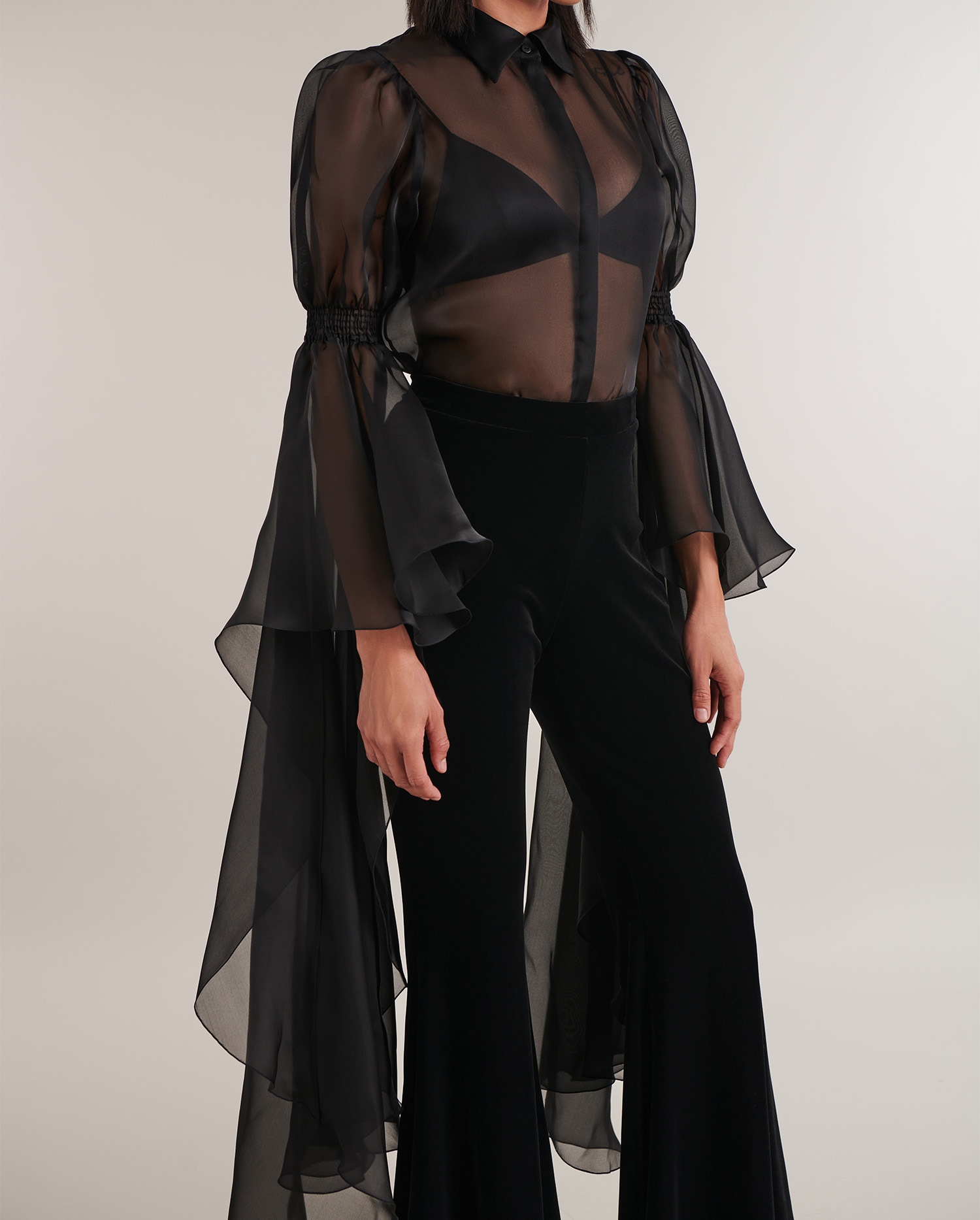 PARIS Black Sheer Silk Shirt With Exaggerated Sleeves: Women's