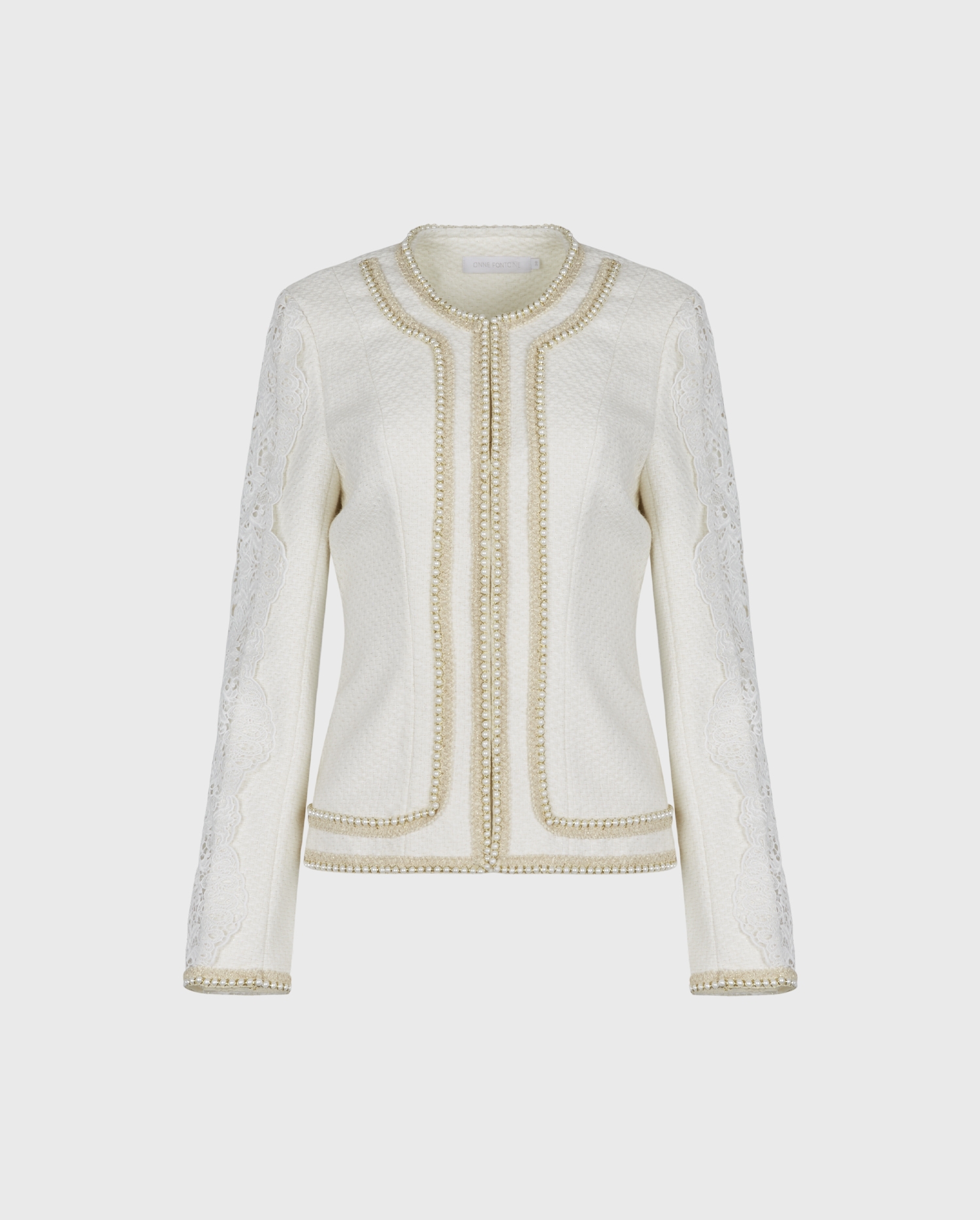 QUINZIA Moon White and Gold Tweed Jacket With Pearl Embellishments