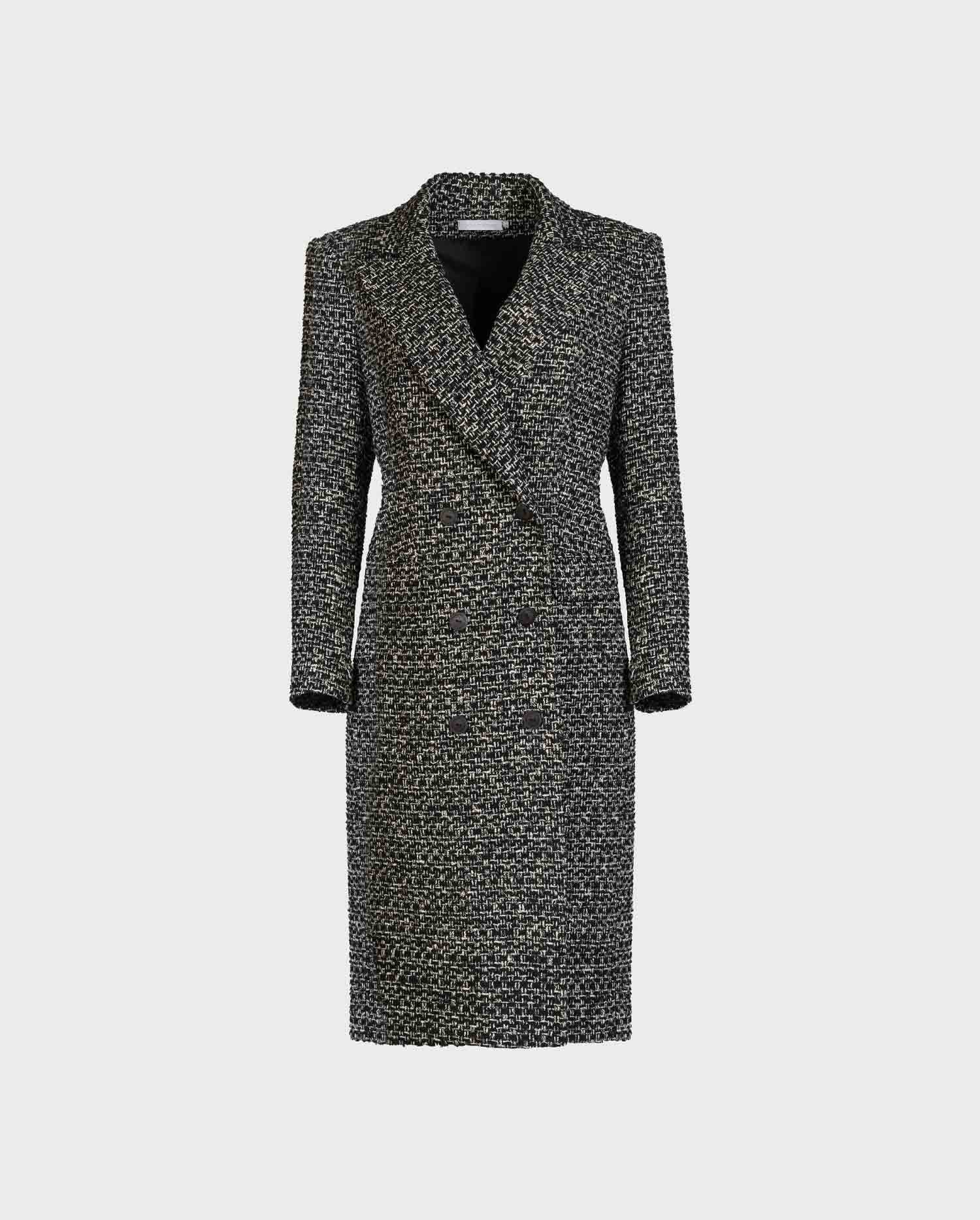 THEOPHILE Black & White Heavy Textured Tweed Coat With Structured