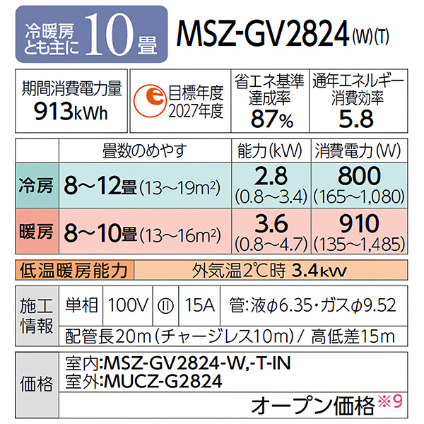 MSZ-GV2824-W 三菱電機 ルームエアコン 霧ヶ峰 GVシリーズ おもに10畳