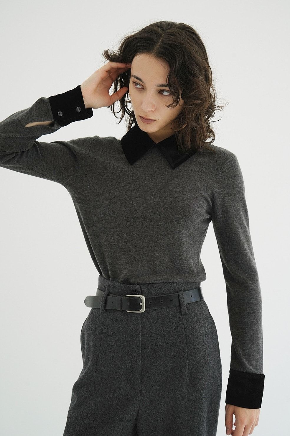 CLANE - ベロアカラーニットトップス | VELOR COLLAR KNIT TOPS (GREY