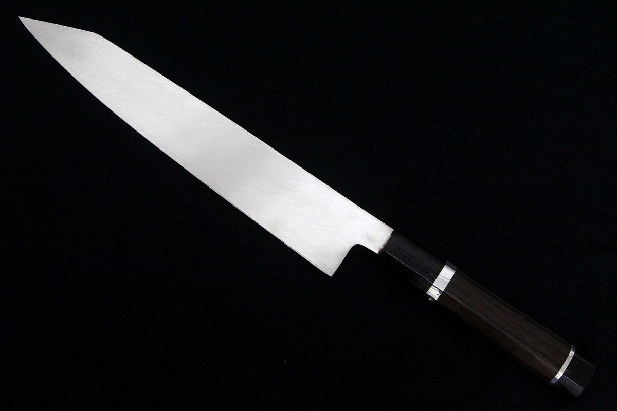 日吉丸刃物 堺一文字忠國 切付包丁 九寸 本焼 平鏡面 銀巻柄 桐箱付