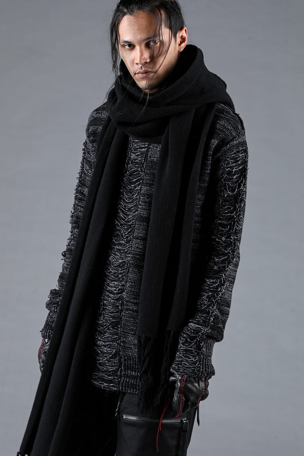 D.HYGEN - Merino Wool Knit Hooded Long Scarf “Black