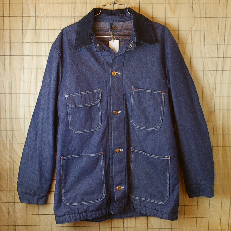 BLUE BELL】古着裏地ブランケットネイビー(紺)コーデュロイ襟デニム