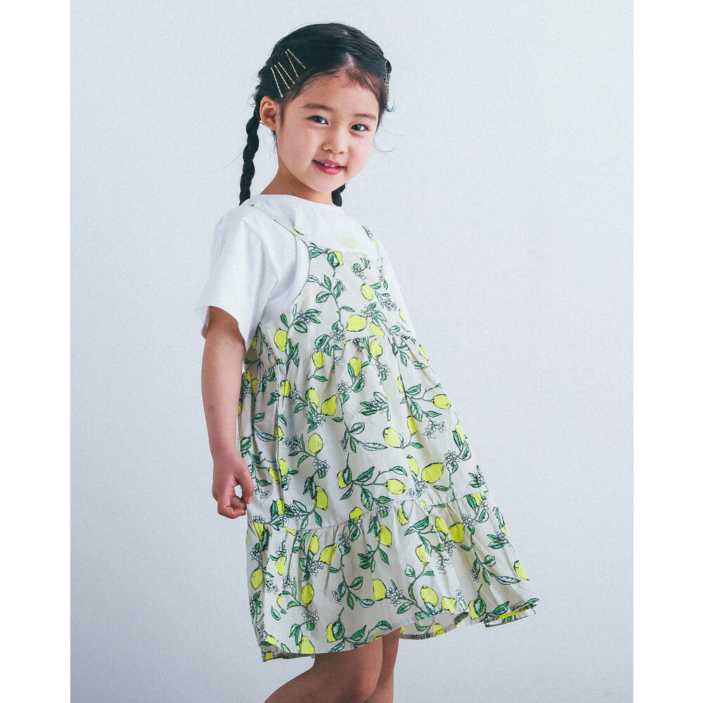 ママ想い 】 さわやか レモン柄 × 無地 ワンピース セット (80～130cm