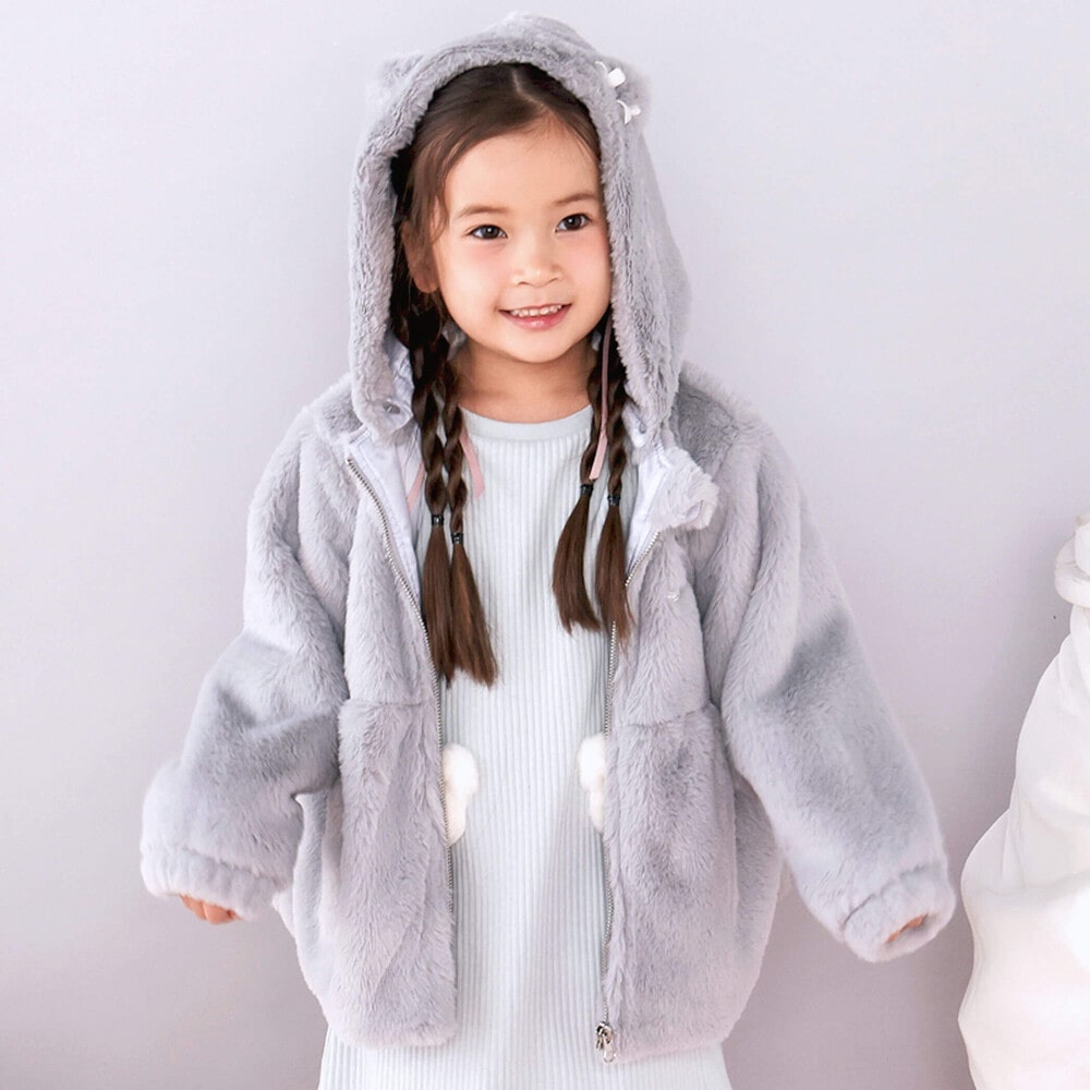 ネコウサギクマアニマル耳フード付きファーブルゾン(80~140cm)(80cm