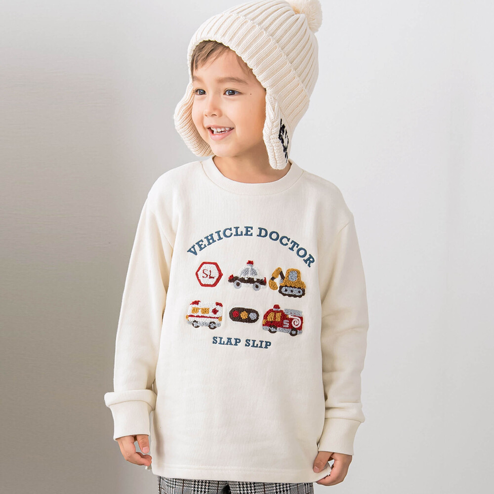 車恐竜サガラ刺しゅう図鑑風長袖トレーナー(80~130cm)(80cm オフ