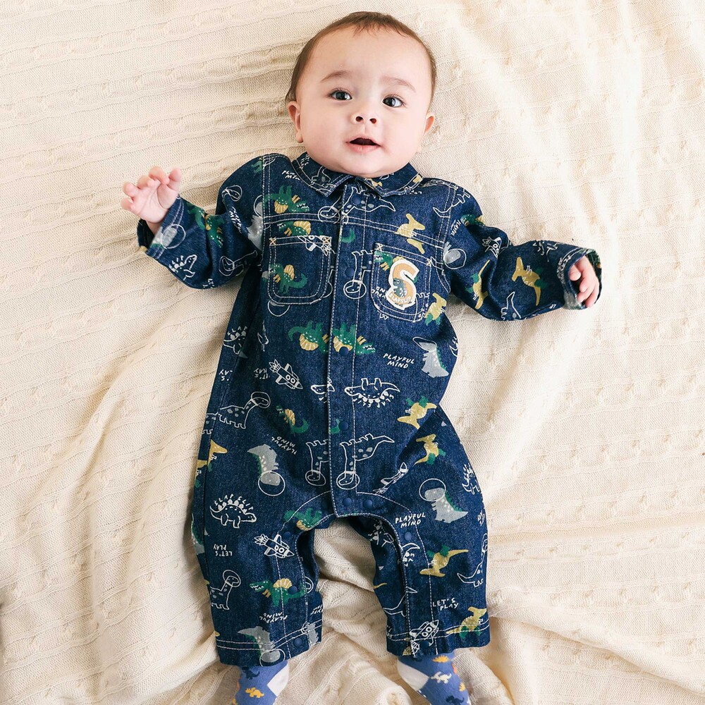 お揃い】デニムツイル恐竜ロケット総柄ジャンプスーツベビー(70~80cm