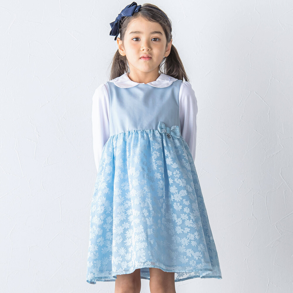 日本製】シアー花柄切替ワンピース(110~130cm)(110cm ネイビー