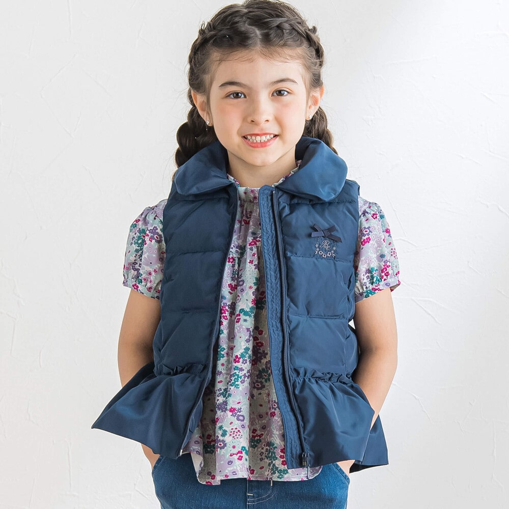 撥水加工】ペプラムフリルタフタダウンベスト(90~150cm)(90cm ピンク