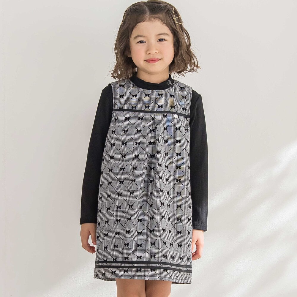 限定商品】【お揃い】リボンプリントチェックジャンパースカート(95