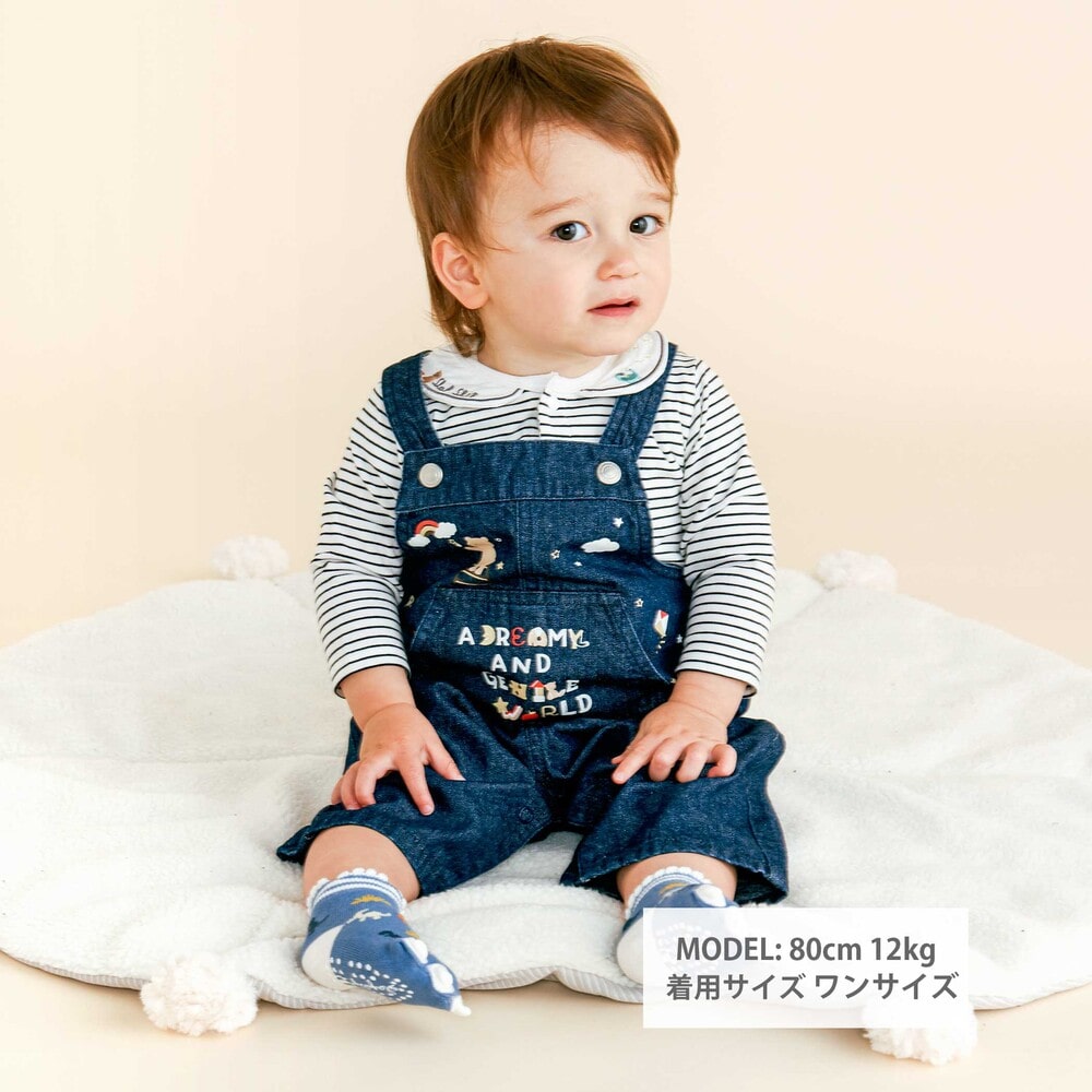 お揃い】デニムチェックフロントプリントサロペットベビー(70~80cm)(ﾜﾝ