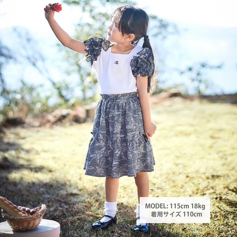 お揃い】先染めチェックローズプリントミモレ丈スカート(110~160cm