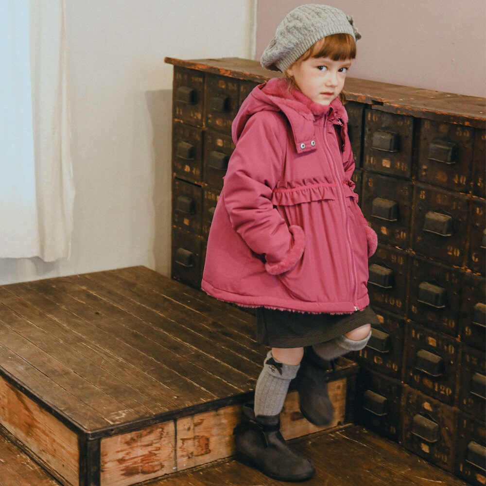 撥水加工】タフタ裏ファー中綿ブルゾン(80~150cm)(80cm ネイビー