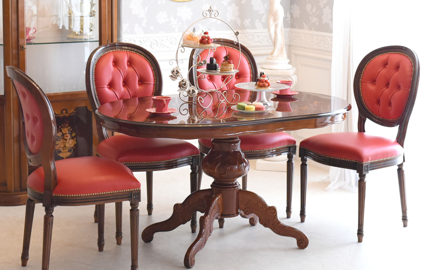 イタリア製 象嵌 本革ダイニングセット5P 4人掛け レッド 幅135cm